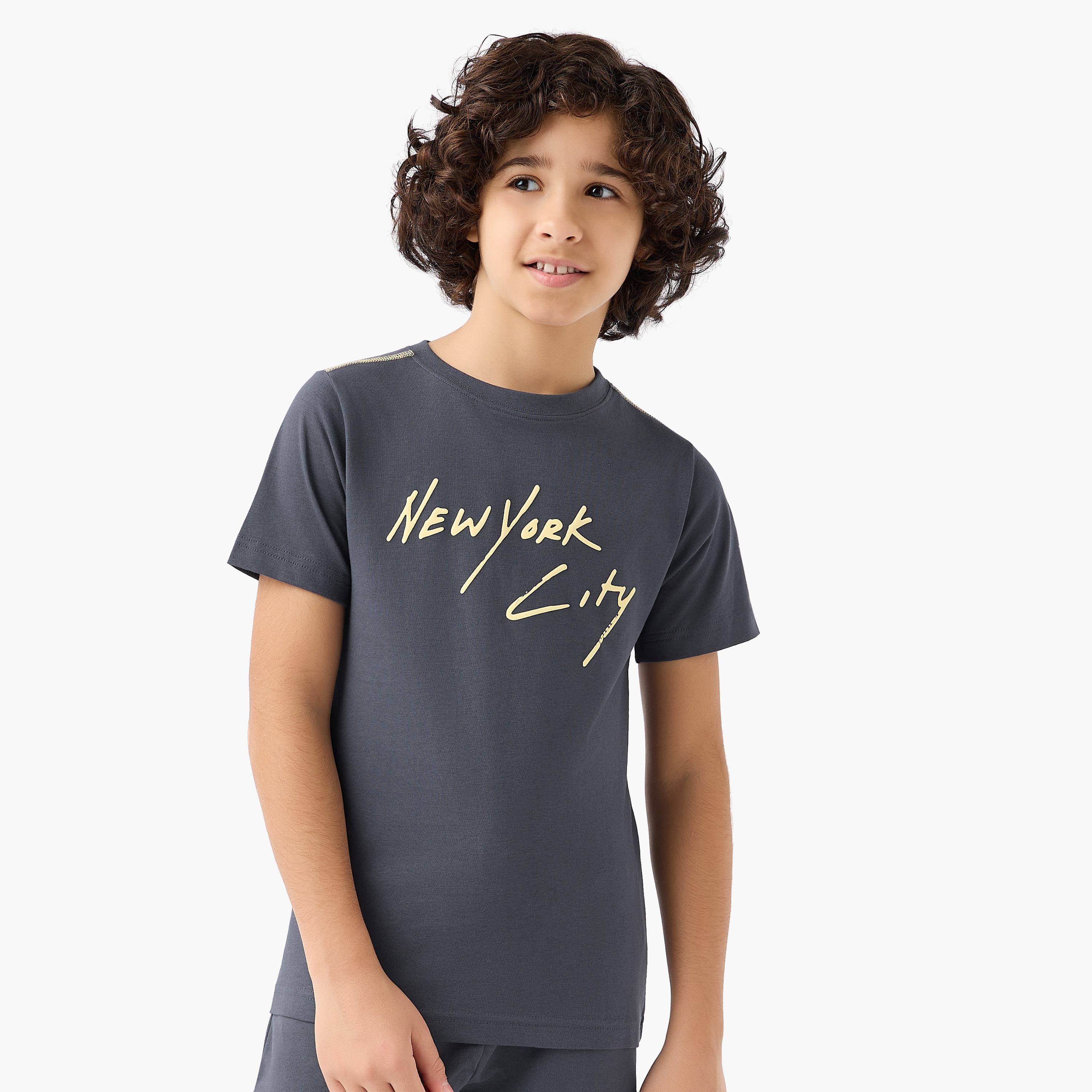 Set of 3 Crew Neck Short Sleeve T-shirt and Shorts Set with New York Print-boys-clothing-setsandcoords-image-3
