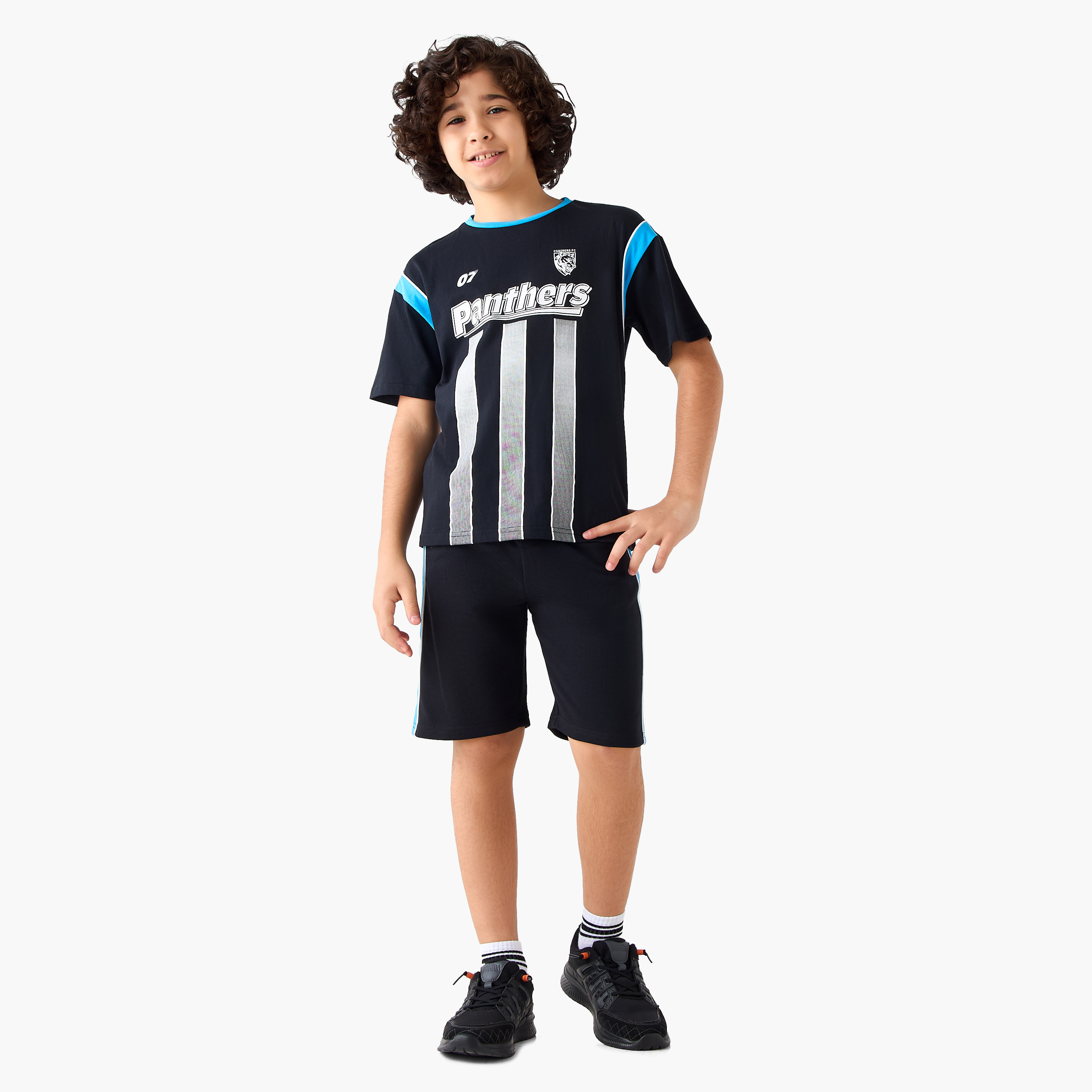 Juniors Crew Neck T-shirt and Shorts Set with Panthers Print-boys-clothing-setsandcoords-image-1