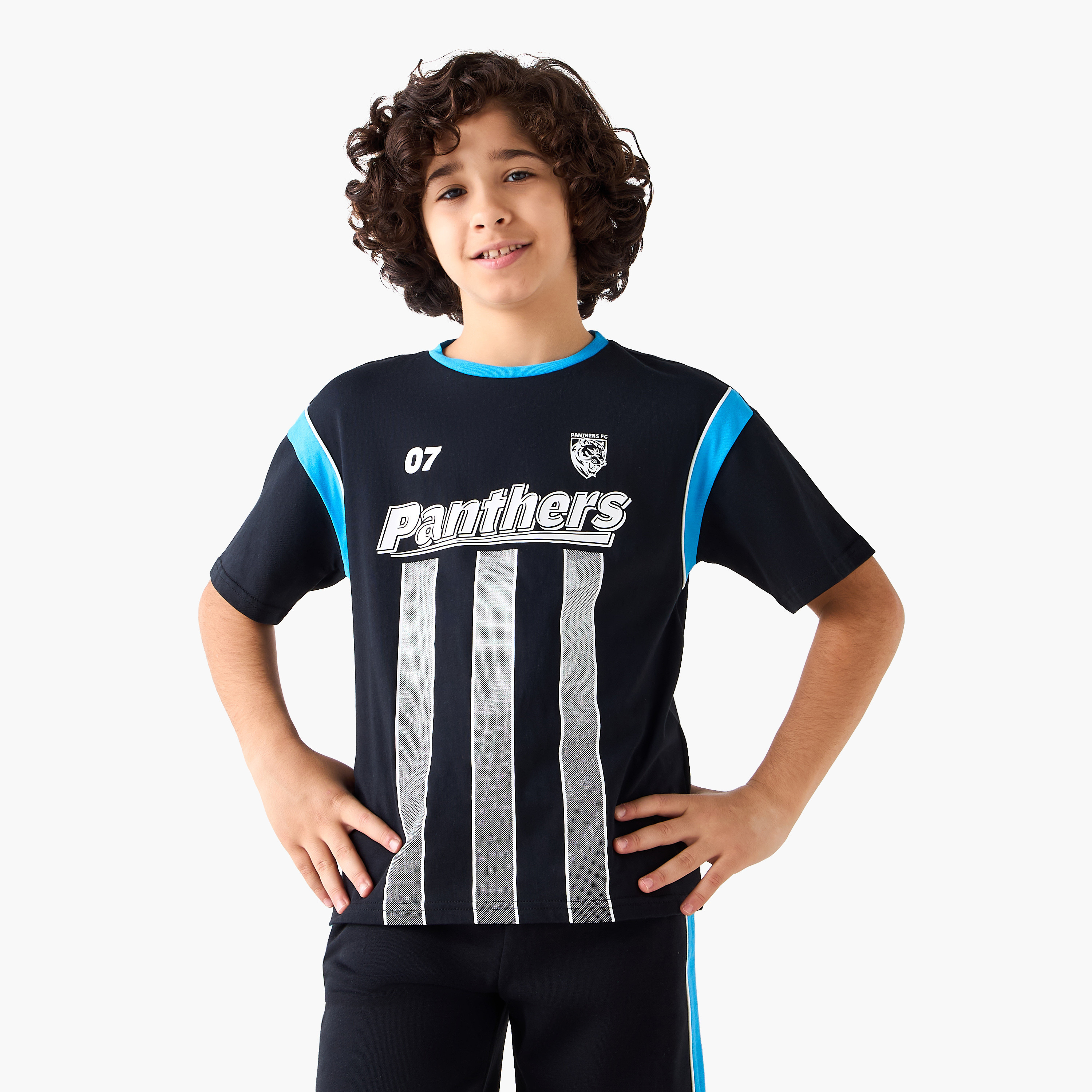 Juniors Crew Neck T-shirt and Shorts Set with Panthers Print-boys-clothing-setsandcoords-image-2