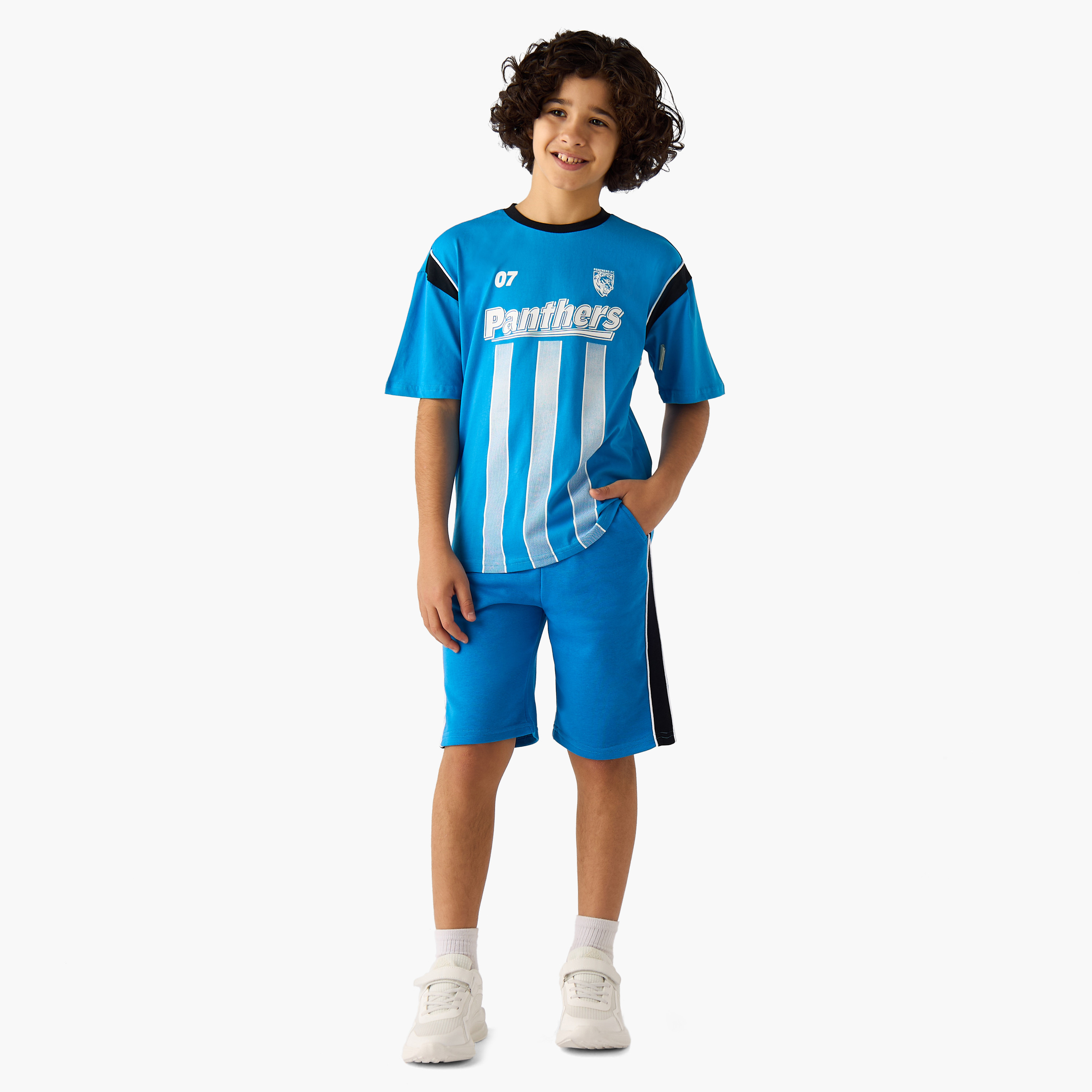Juniors Crew Neck Short Sleeves T-shirt and Shorts Set with Panthers Print-boys-clothing-setsandcoords-image-1