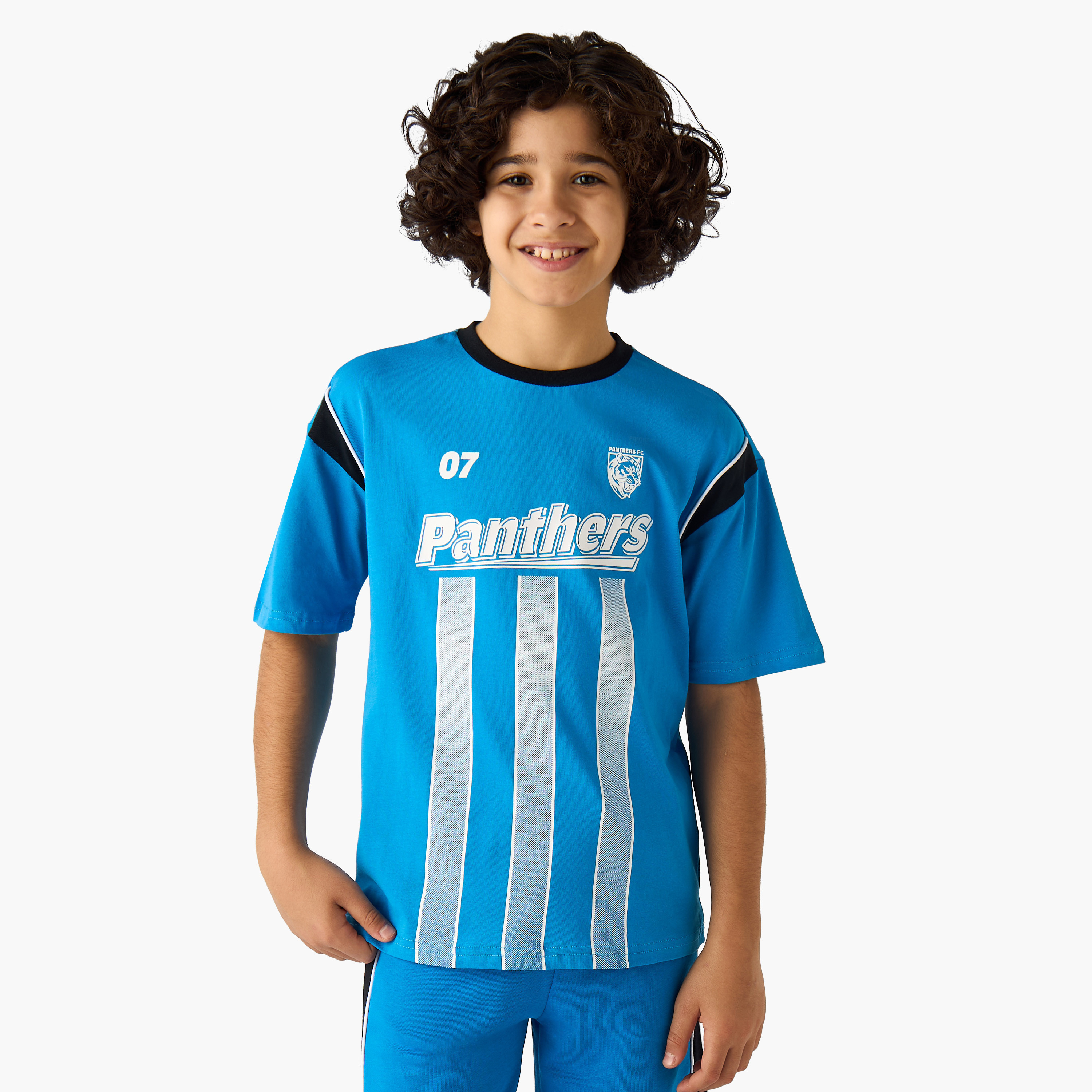 Juniors Crew Neck Short Sleeves T-shirt and Shorts Set with Panthers Print-boys-clothing-setsandcoords-image-2