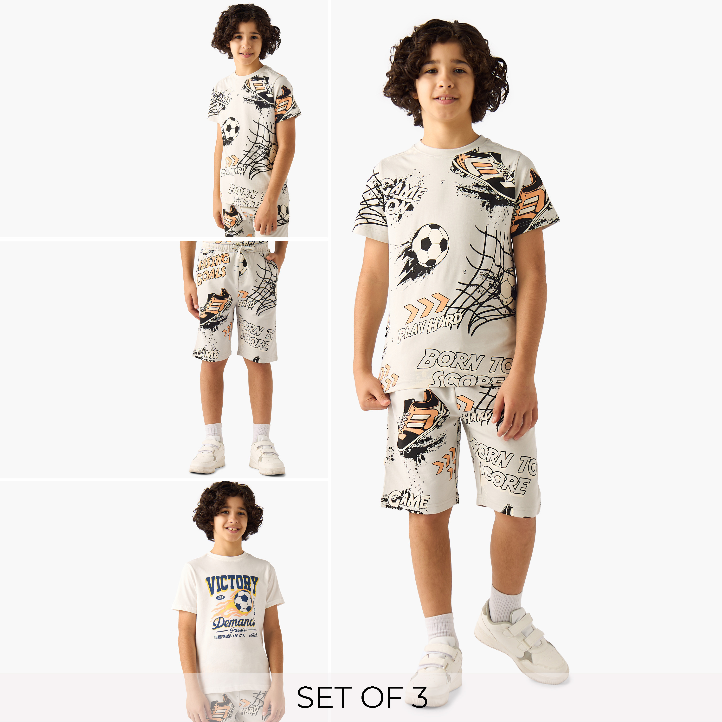 Set of 3 Juniors Crew Neck Short Sleeves T-shirt and Shorts Set with Football Print-boys-clothing-setsandcoords-image-1