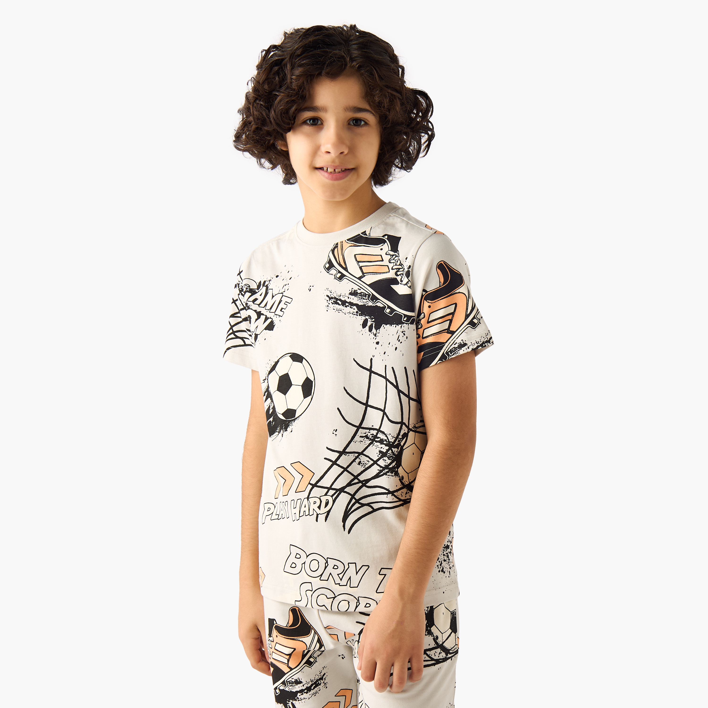 Set of 3 Juniors Crew Neck Short Sleeves T-shirt and Shorts Set with Football Print-boys-clothing-setsandcoords-image-2