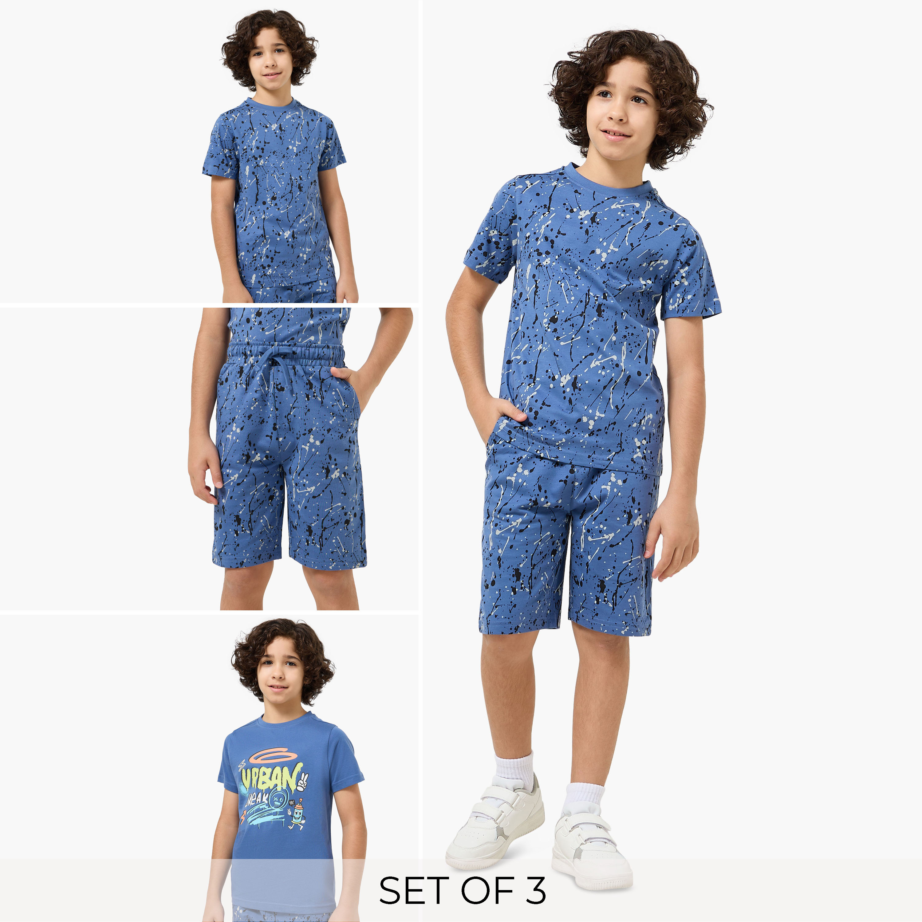 Set of 3 Juniors Crew Neck Short Sleeve T-shirt and Shorts Set with Print-boys-clothing-setsandcoords-image-1