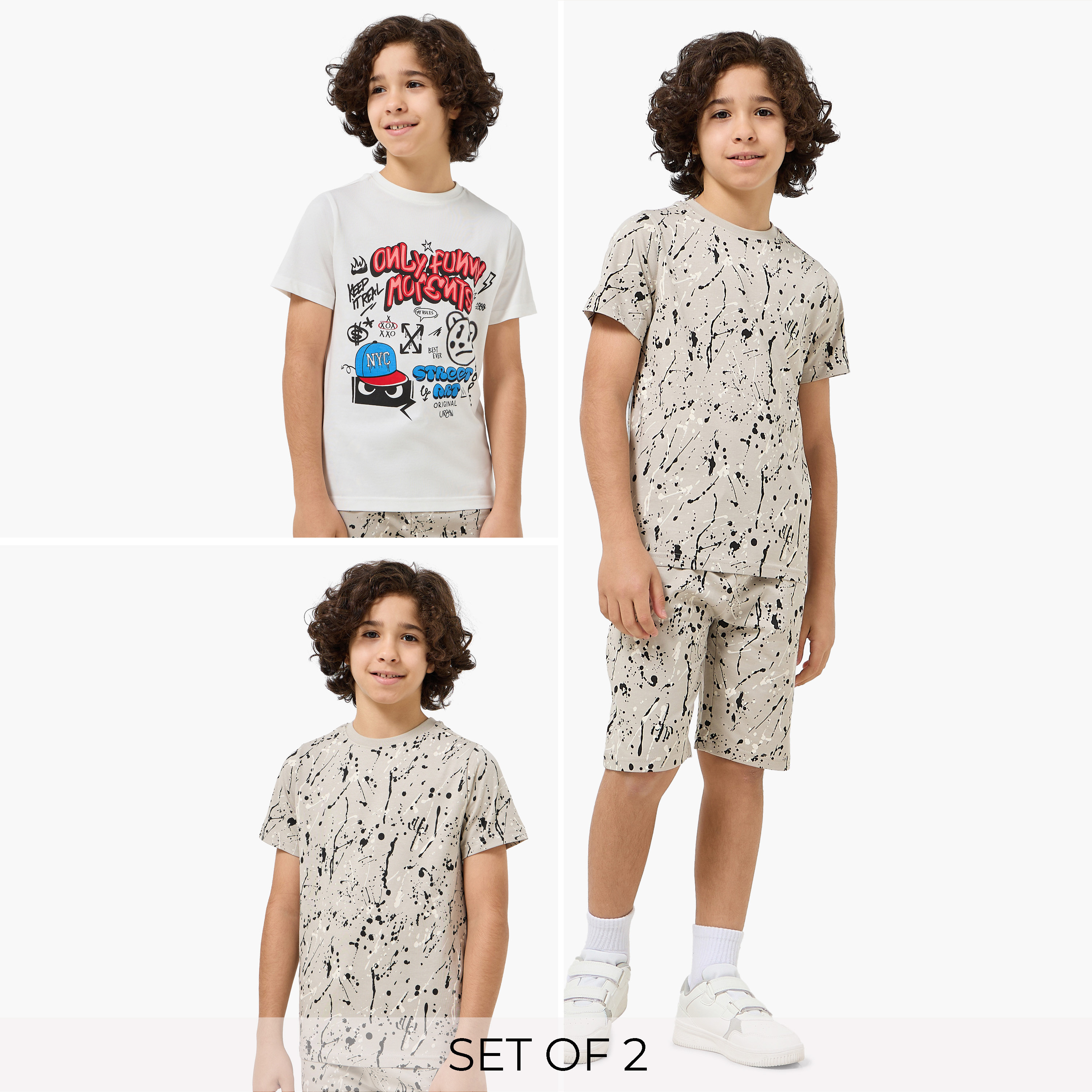 Set of 3 Juniors Crew Neck Short Sleeves T-shirt and Shorts Set with Print-boys-clothing-setsandcoords-image-1