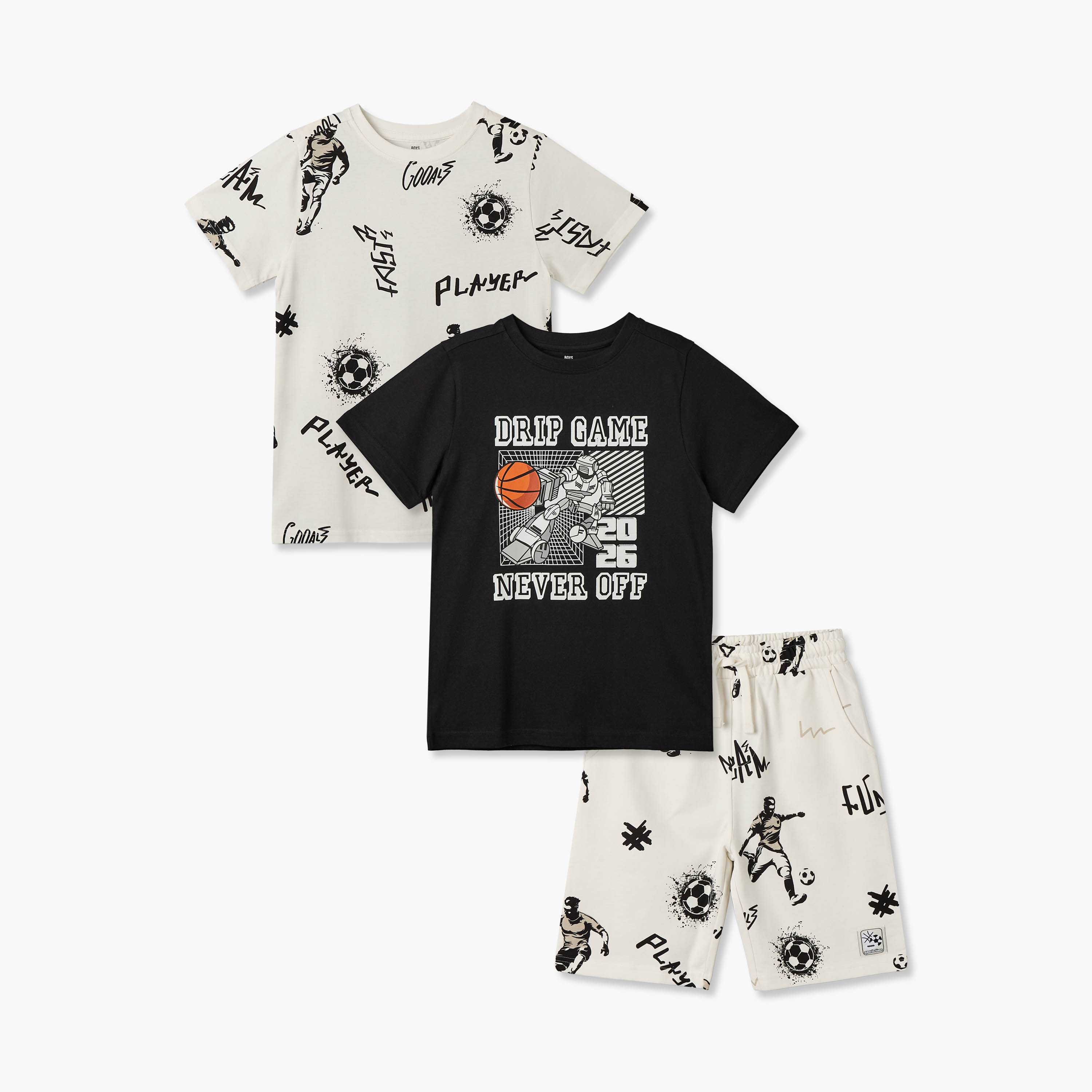 تيشيرتات بأكمام قصيرة وياقة ضيقة مع شورت بطبعات كرة قدم من جونيورز - طقم 3 قطع-boys-clothing-setsandcoords-image-1