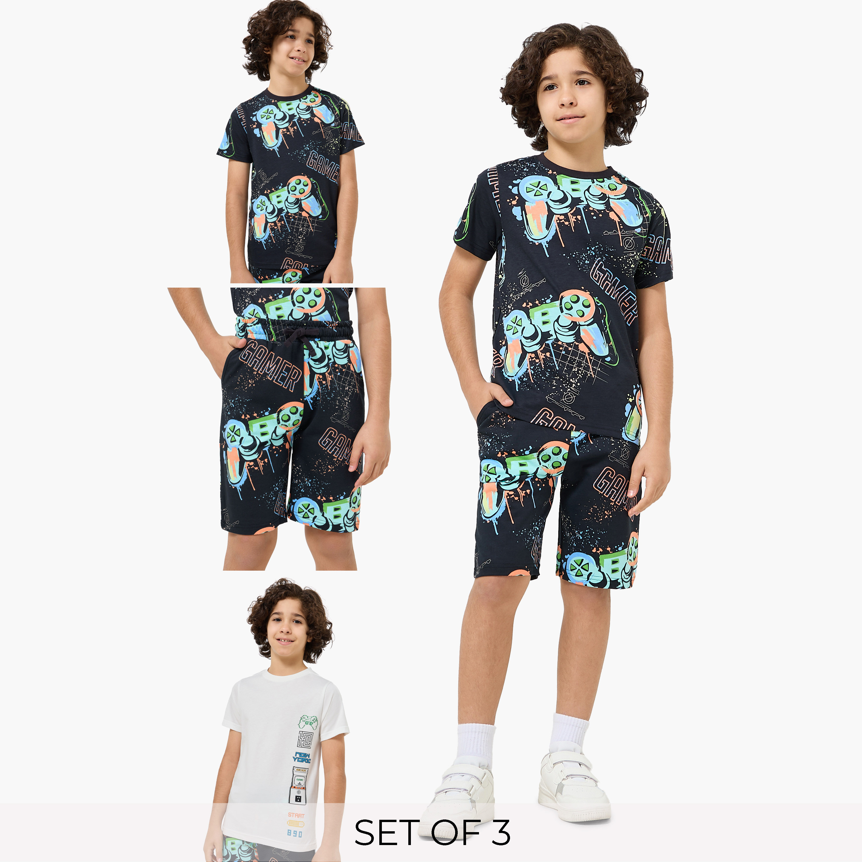 Set of 3 Juniors Crew Neck Short Sleeves T-shirt and Shorts Set with Gamer Print-boys-clothing-setsandcoords-image-1