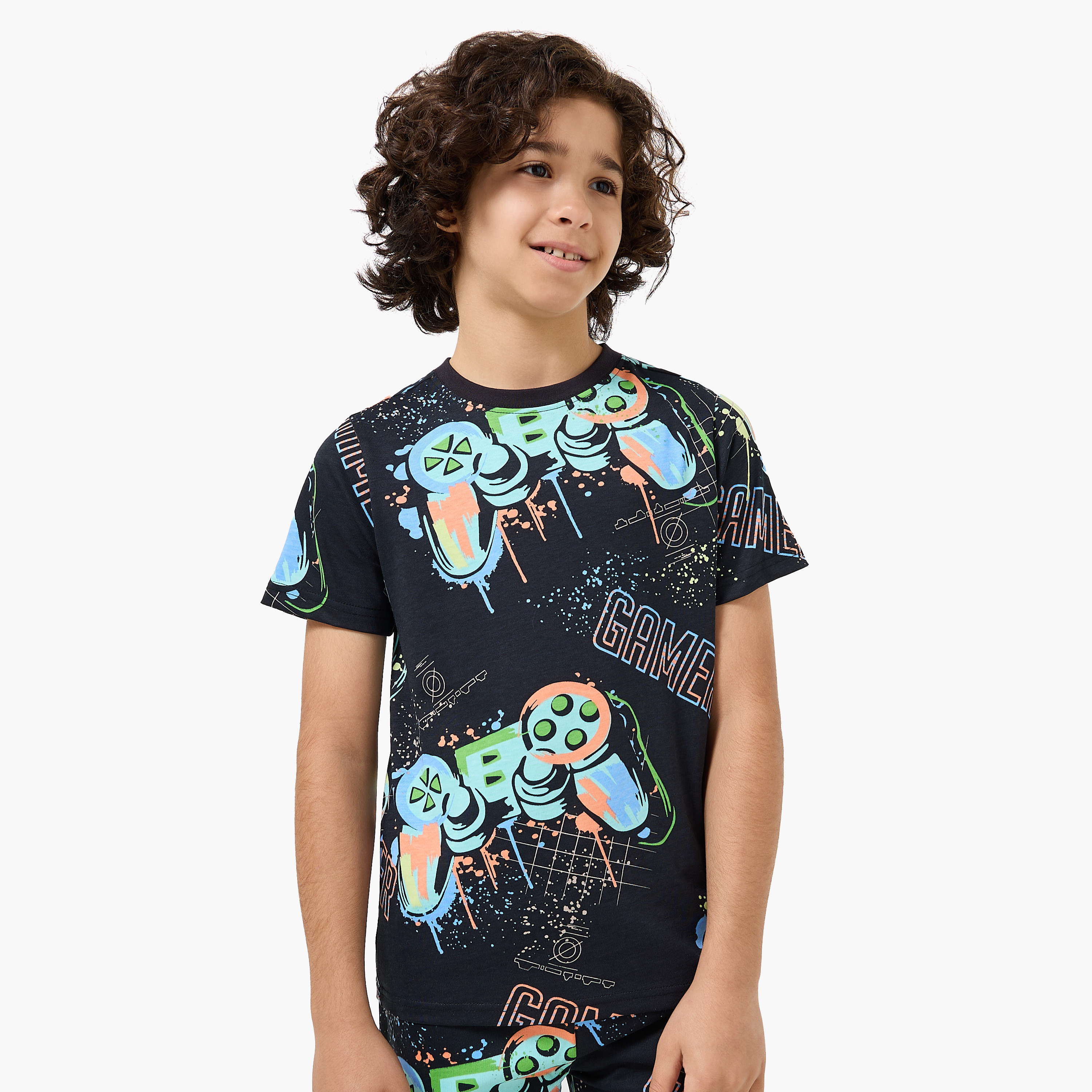 Set of 3 Juniors Crew Neck Short Sleeves T-shirt and Shorts Set with Gamer Print-boys-clothing-setsandcoords-image-3