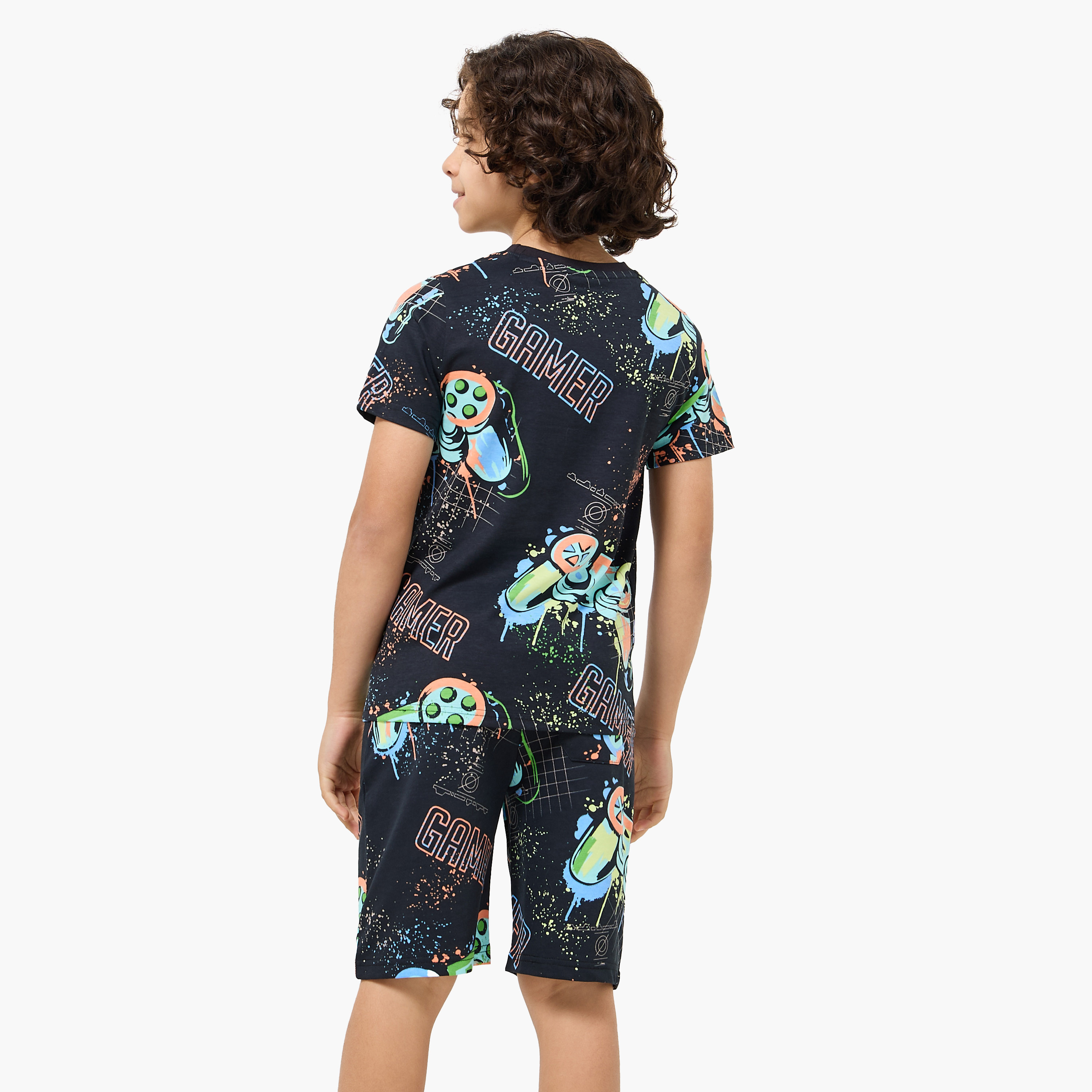 Set of 3 Juniors Crew Neck Short Sleeves T-shirt and Shorts Set with Gamer Print-boys-clothing-setsandcoords-image-5