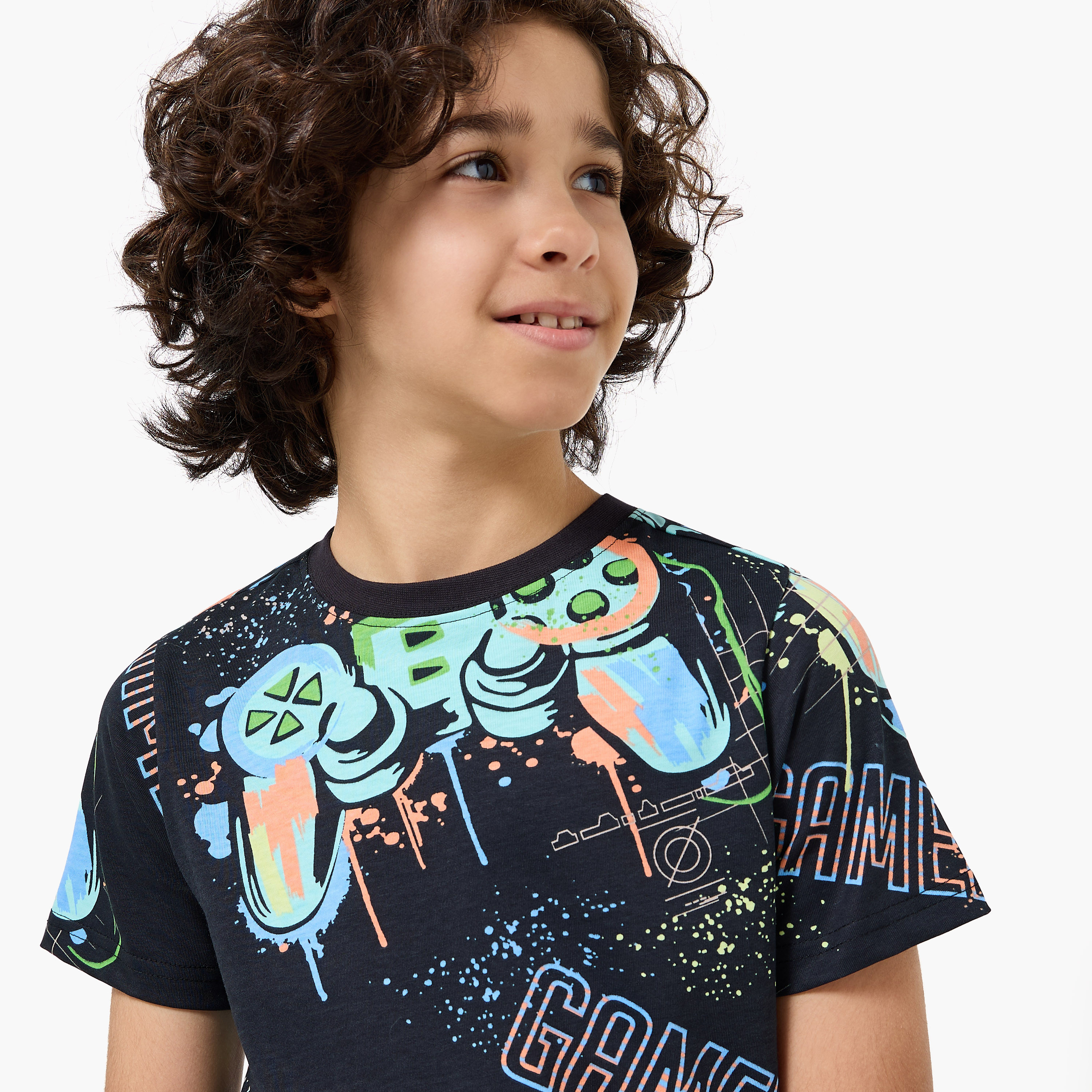 Set of 3 Juniors Crew Neck Short Sleeves T-shirt and Shorts Set with Gamer Print-boys-clothing-setsandcoords-image-6