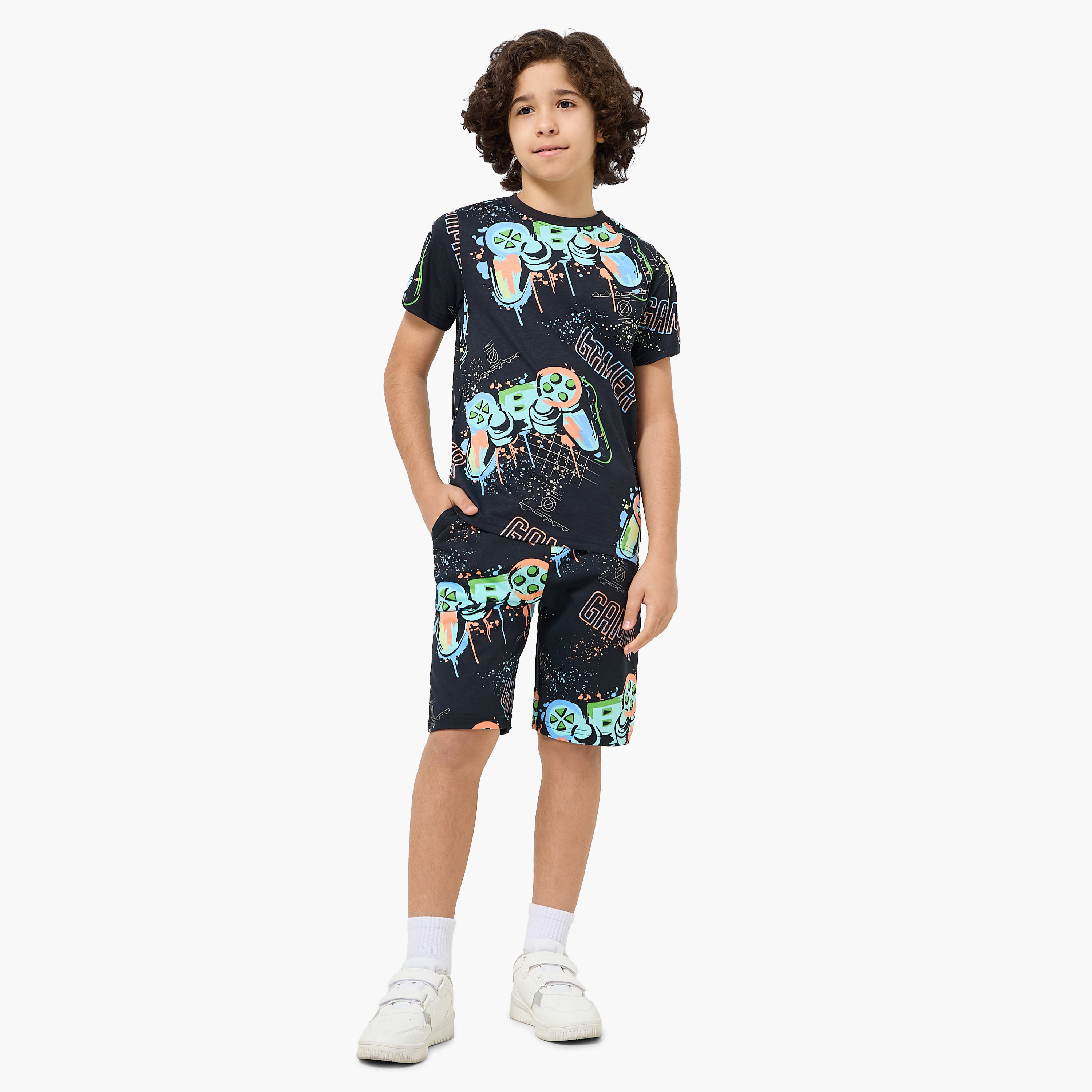 Set of 3 Juniors Crew Neck Short Sleeves T-shirt and Shorts Set with Gamer Print-boys-clothing-setsandcoords-image-8