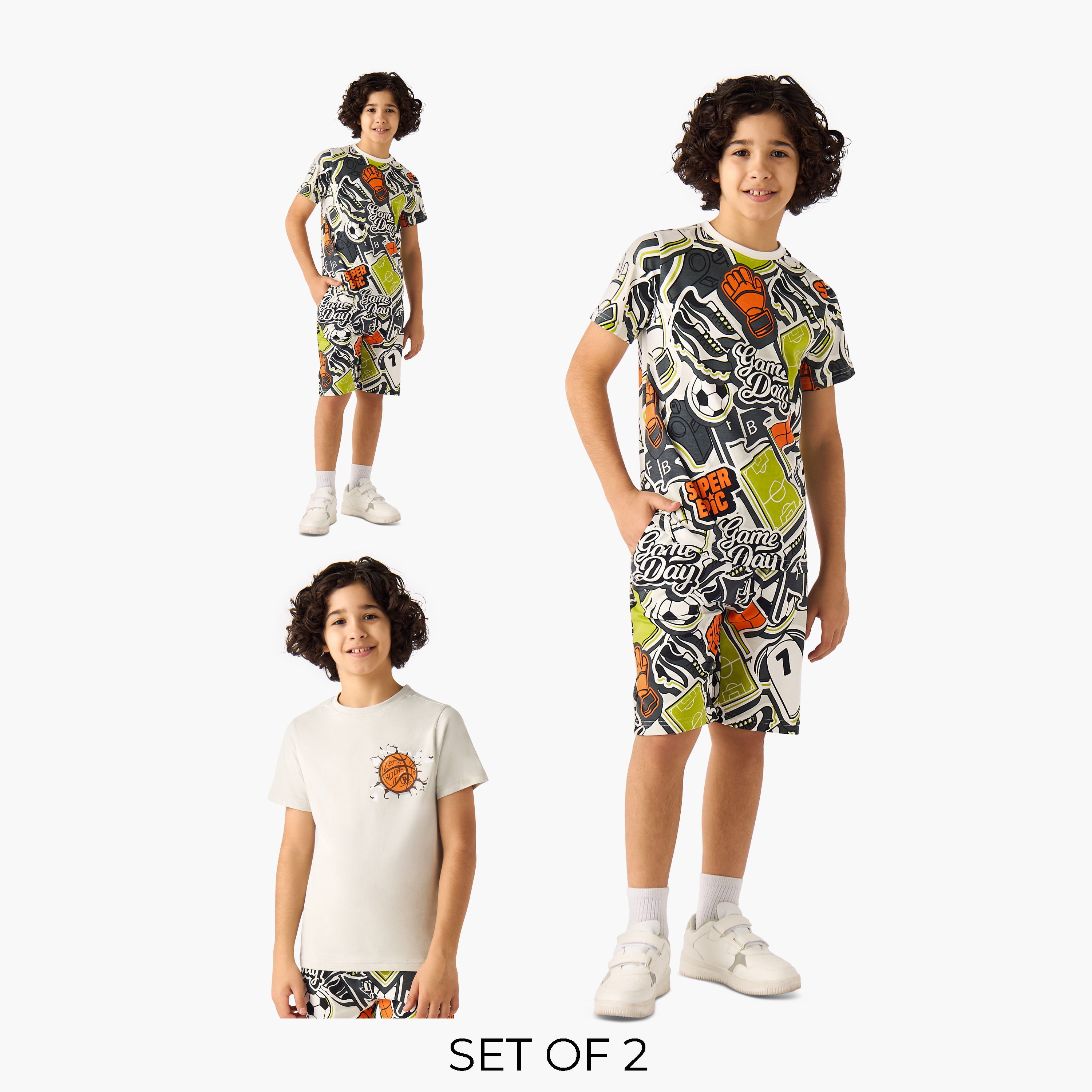 Set of 3 Juniors Crew Neck Short Sleeve T-shirt and Shorts Set with Gaming Print-boys-clothing-setsandcoords-image-1