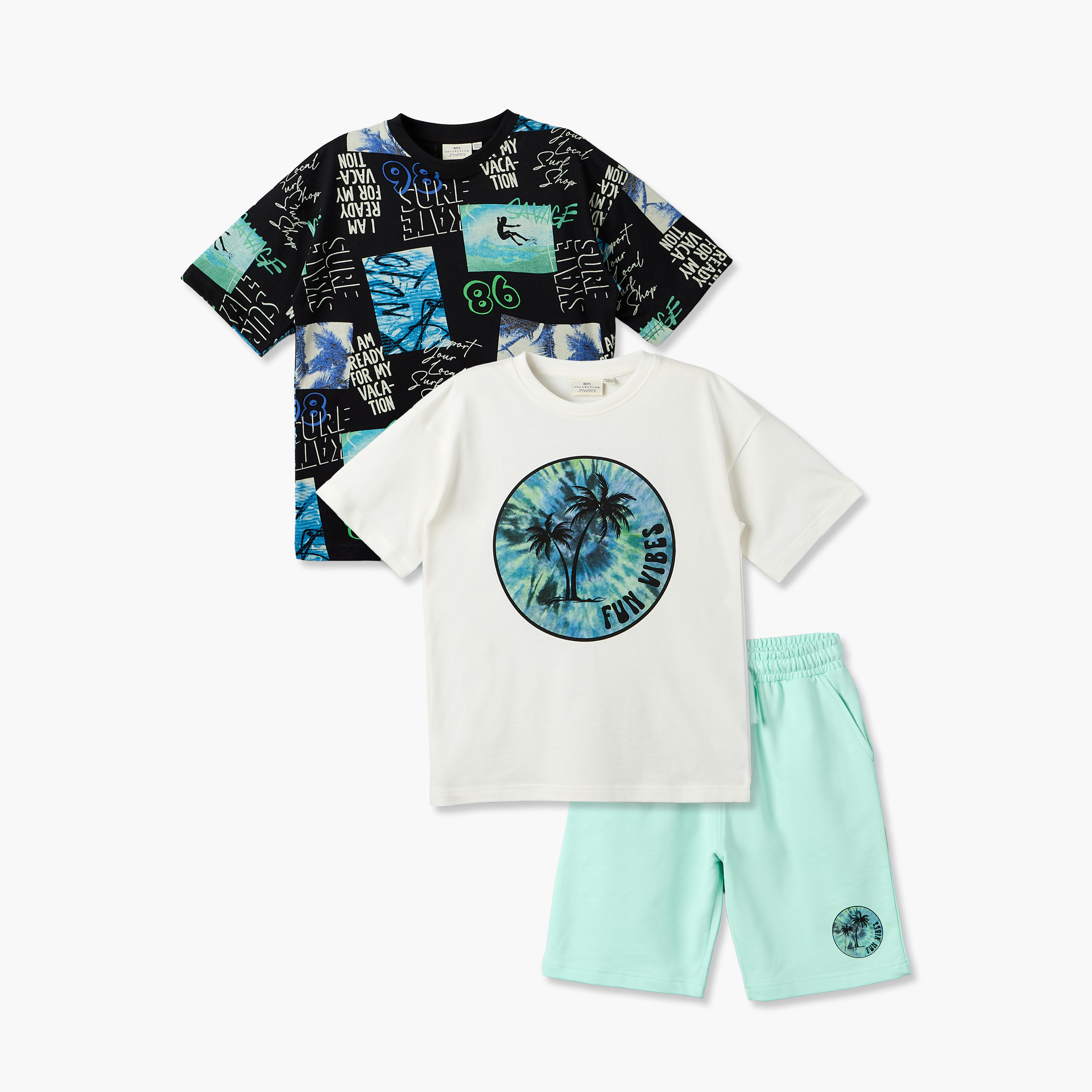 Set of 3 Juniors Crew Neck Short Sleeves T-shirt and Shorts Set with Graphic Print-boys-clothing-setsandcoords-image-1