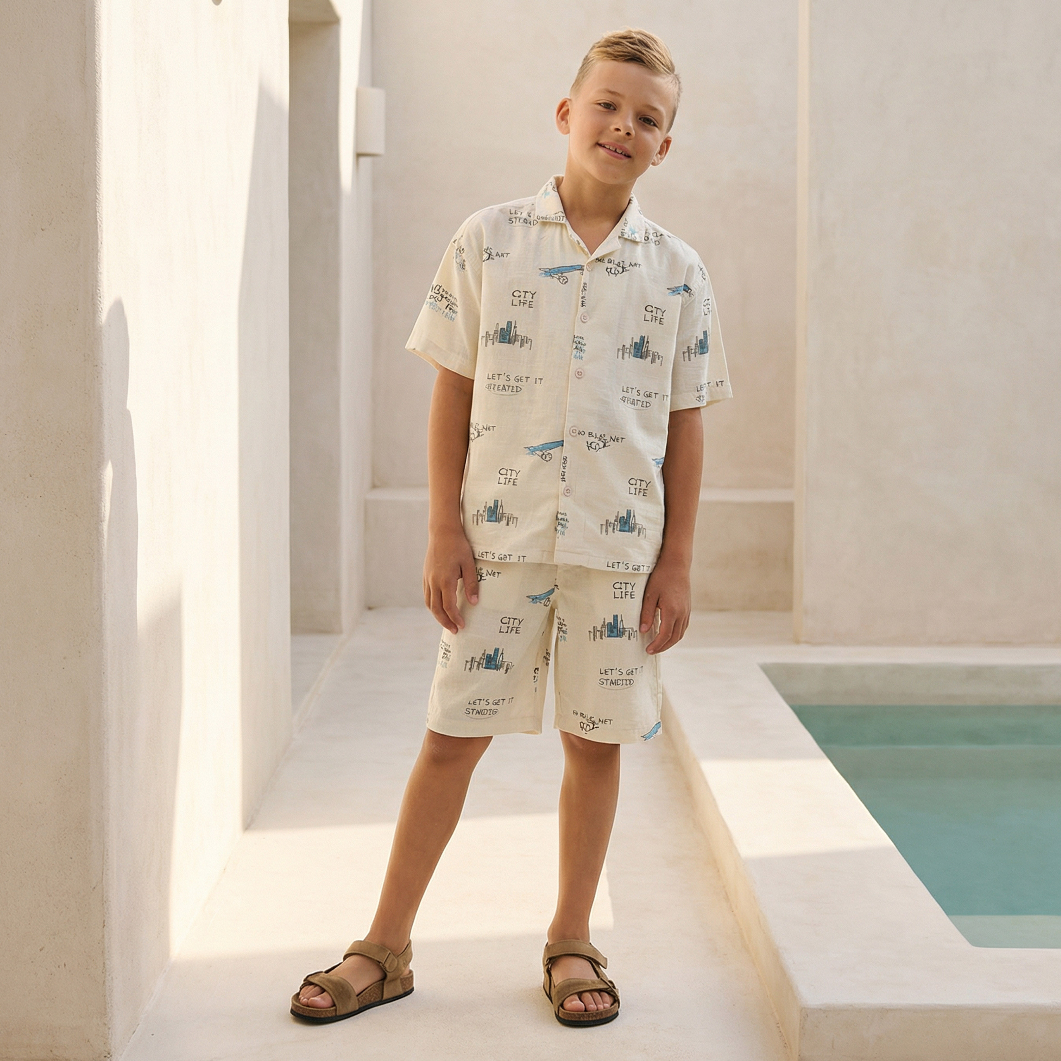 طقم شورت وقميص بياقة كامب وأكمام قصيرة وطبعات من جونيورز-boys-clothing-setsandcoords-image-1