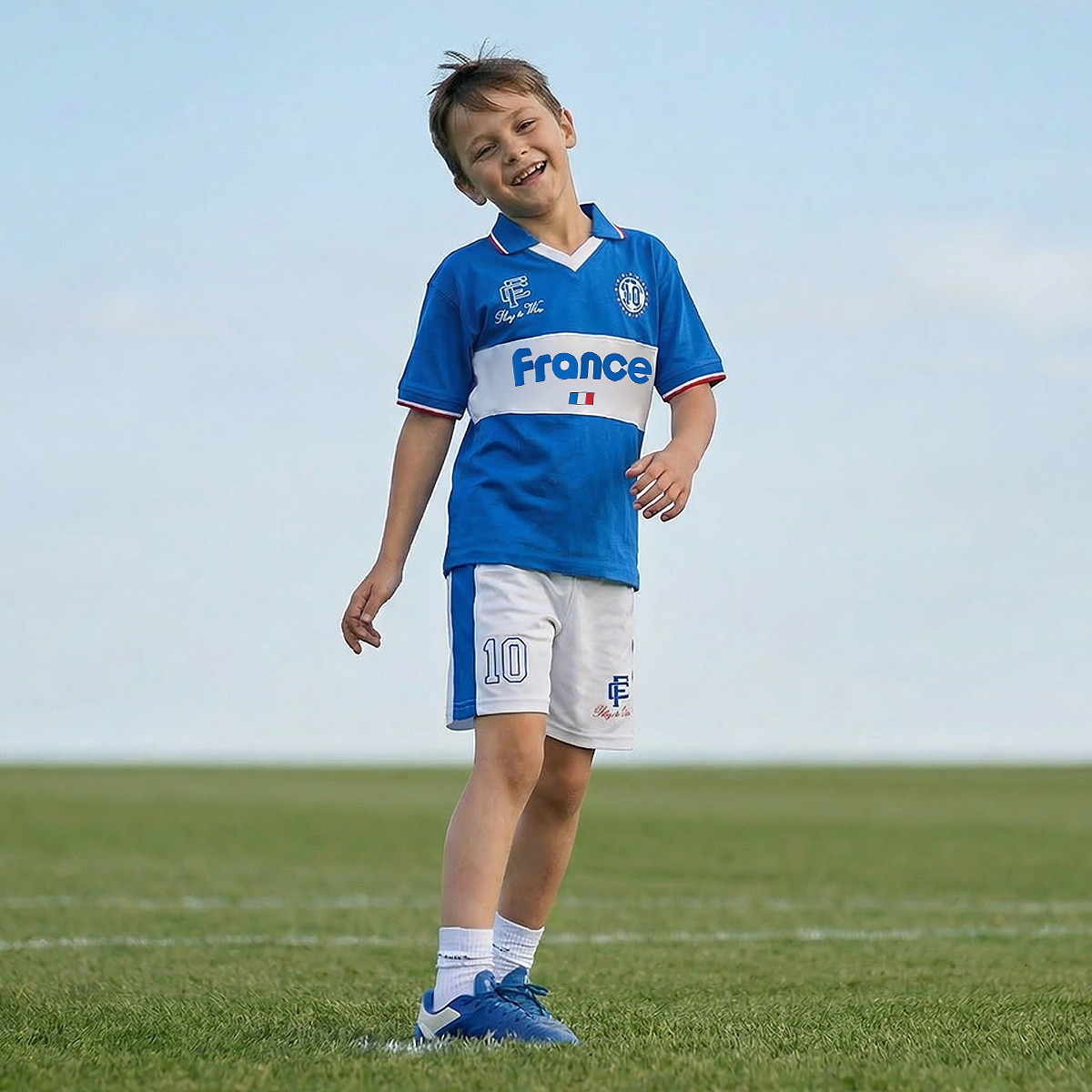 Juniors Collared Short Sleeves T-shirt and Shorts Set with France Print-sports-gear-football-clothing-sets-image-1