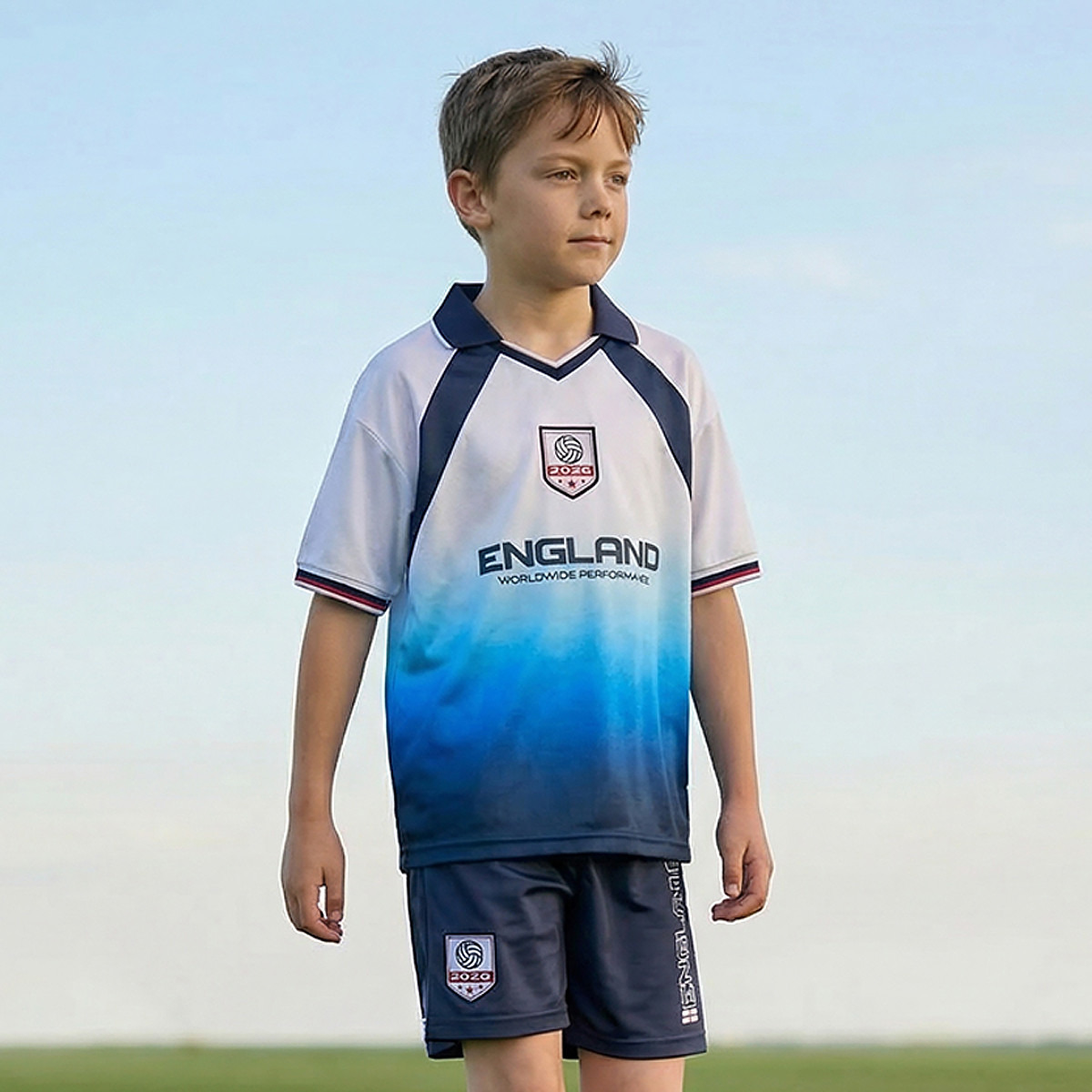 Juniors Collared Short Sleeves T-shirt and Shorts Set with England Print-sports-gear-football-clothing-sets-image-2