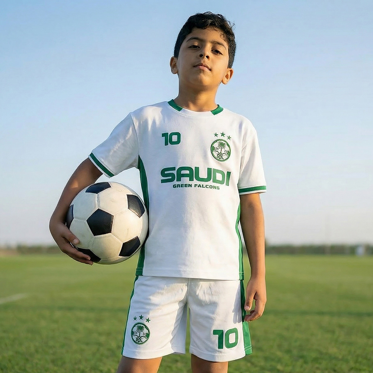 Juniors Crew Neck Short Sleeves T-shirt and Shorts Set with Saudi Arabia Print-boys-clothing-sportswear-sets-image-2