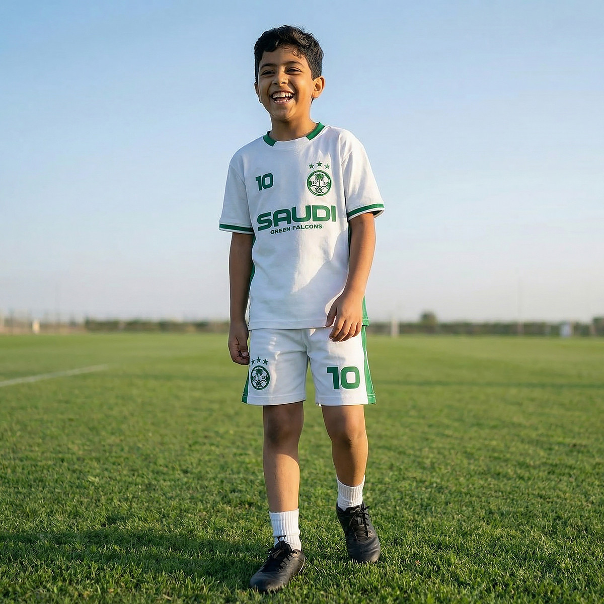 Juniors Crew Neck Short Sleeves T-shirt and Shorts Set with Saudi Arabia Print-boys-clothing-sportswear-sets-image-7