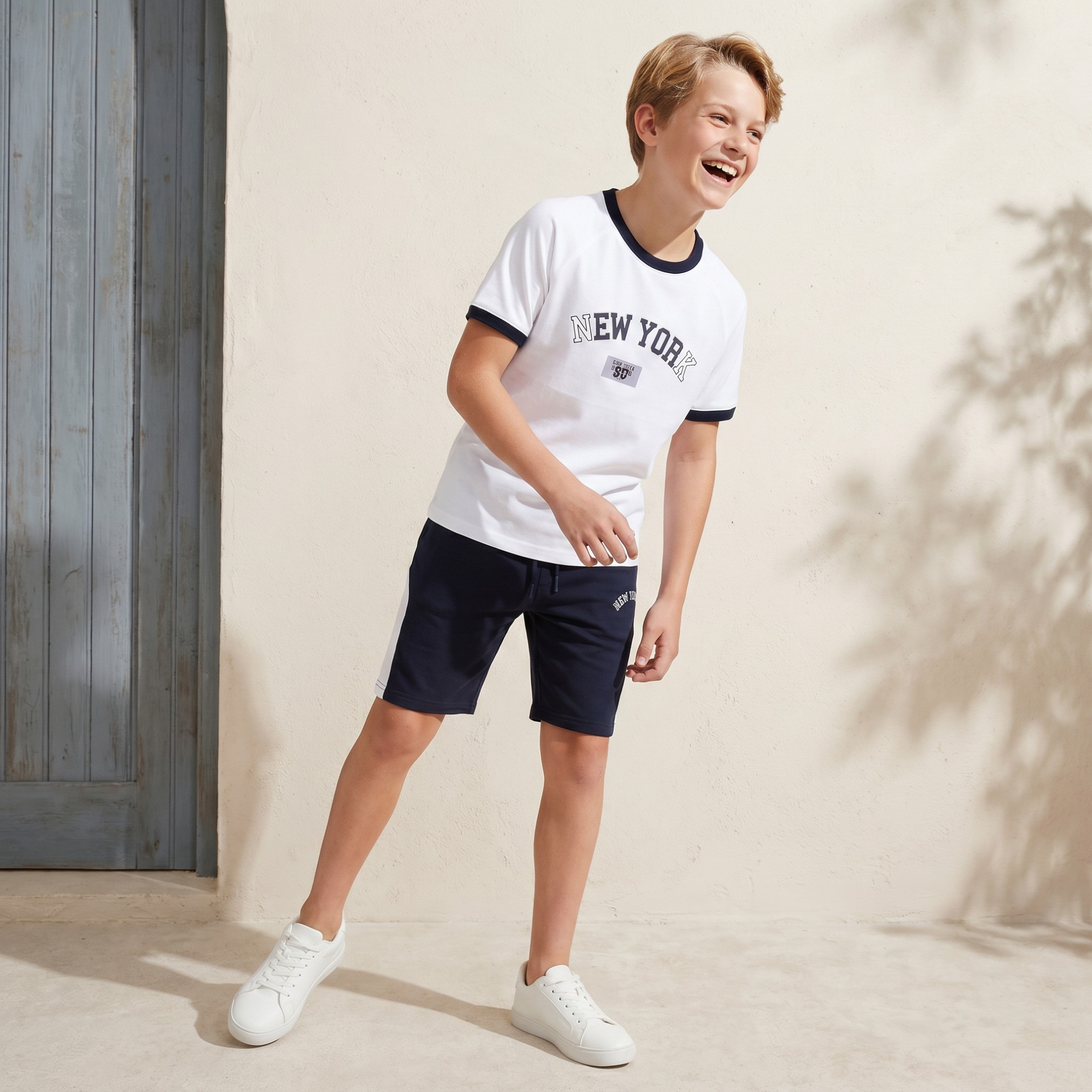 Juniors Crew Neck Short Sleeves T-shirt and Shorts Set with New York Print-boys-clothing-setsandcoords-image-1
