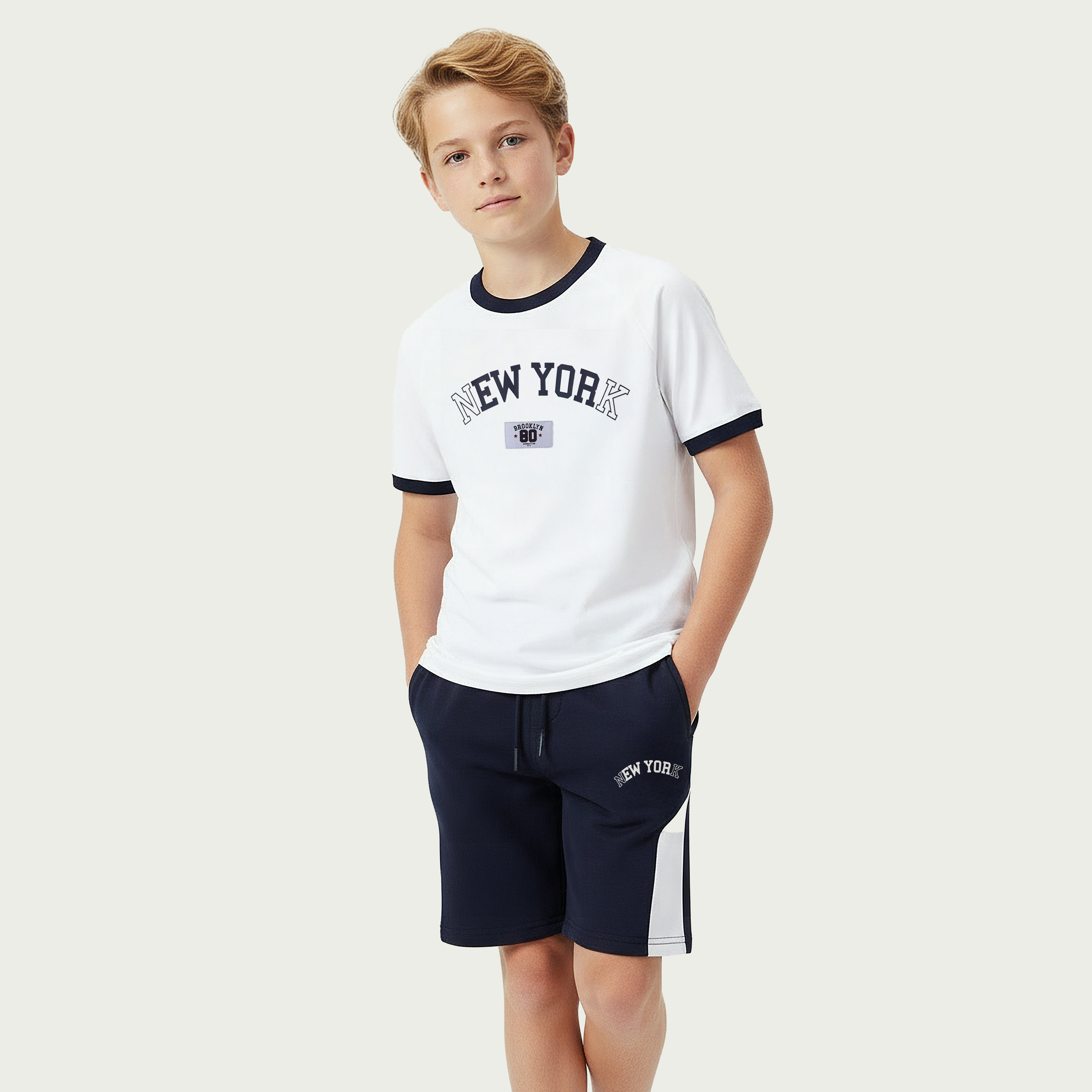 Juniors Crew Neck Short Sleeves T-shirt and Shorts Set with New York Print-boys-clothing-setsandcoords-image-2