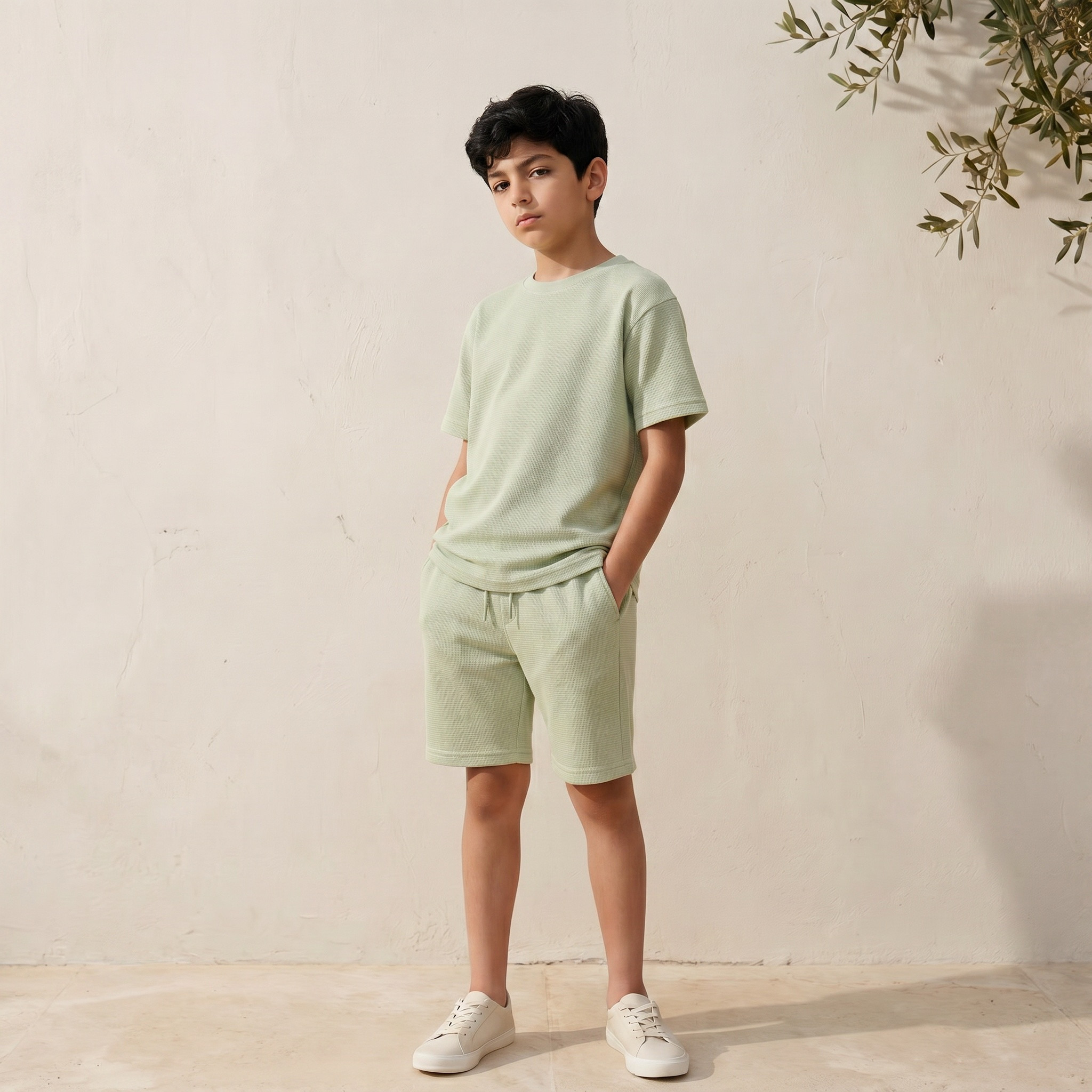 طقم شورت وتيشيرت بارز الملمس بأكمام قصيرة وياقة ضيقة من جونيورز-boys-clothing-setsandcoords-image-1