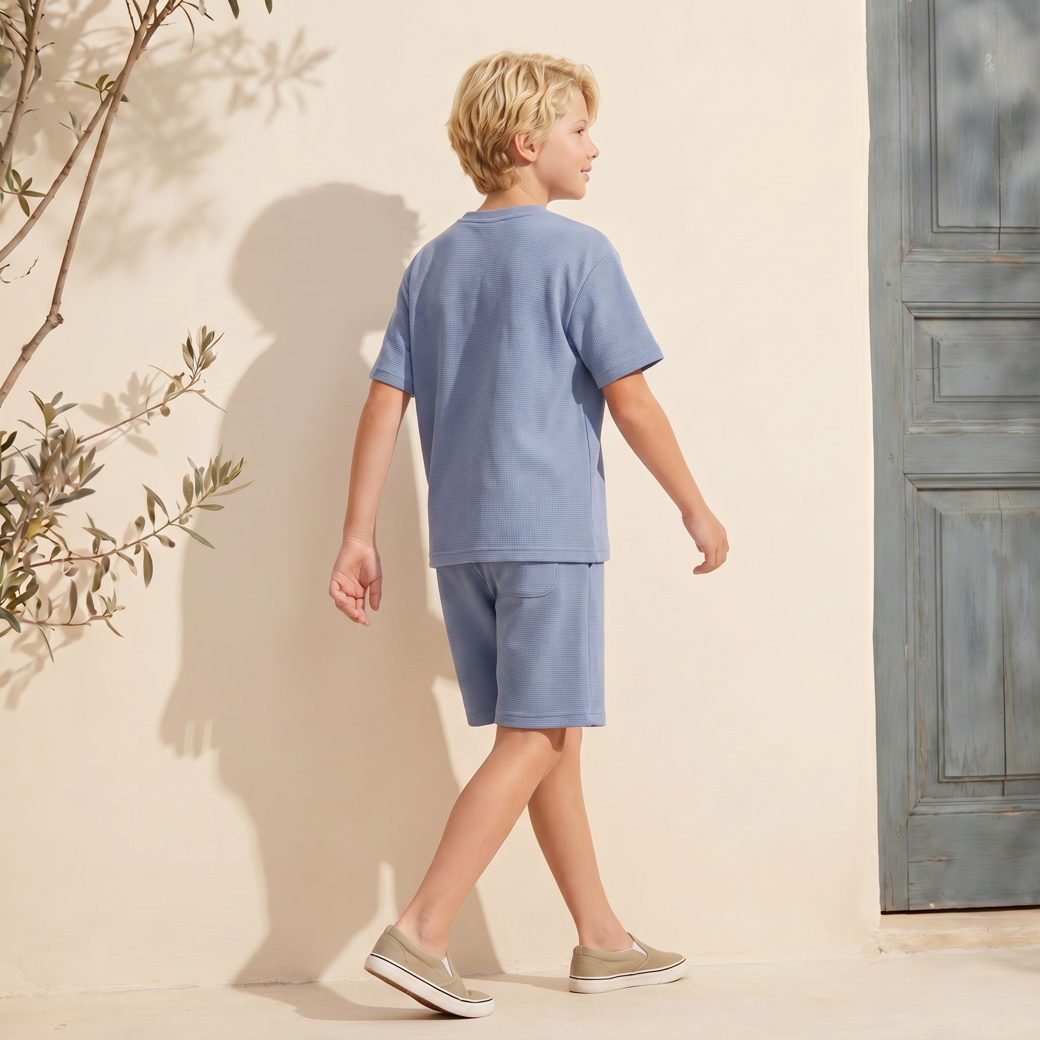 Juniors Crew Neck Short Sleeves T-shirt and Shorts Set with Textured Design-boys-clothing-setsandcoords-image-3