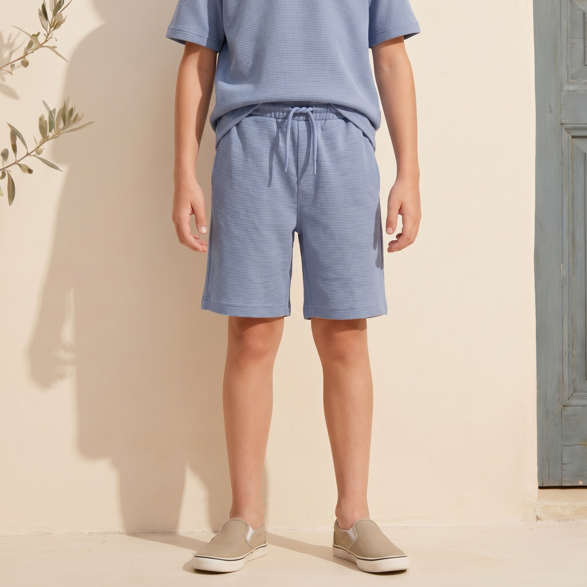 Juniors Crew Neck Short Sleeves T-shirt and Shorts Set with Textured Design-boys-clothing-setsandcoords-image-4