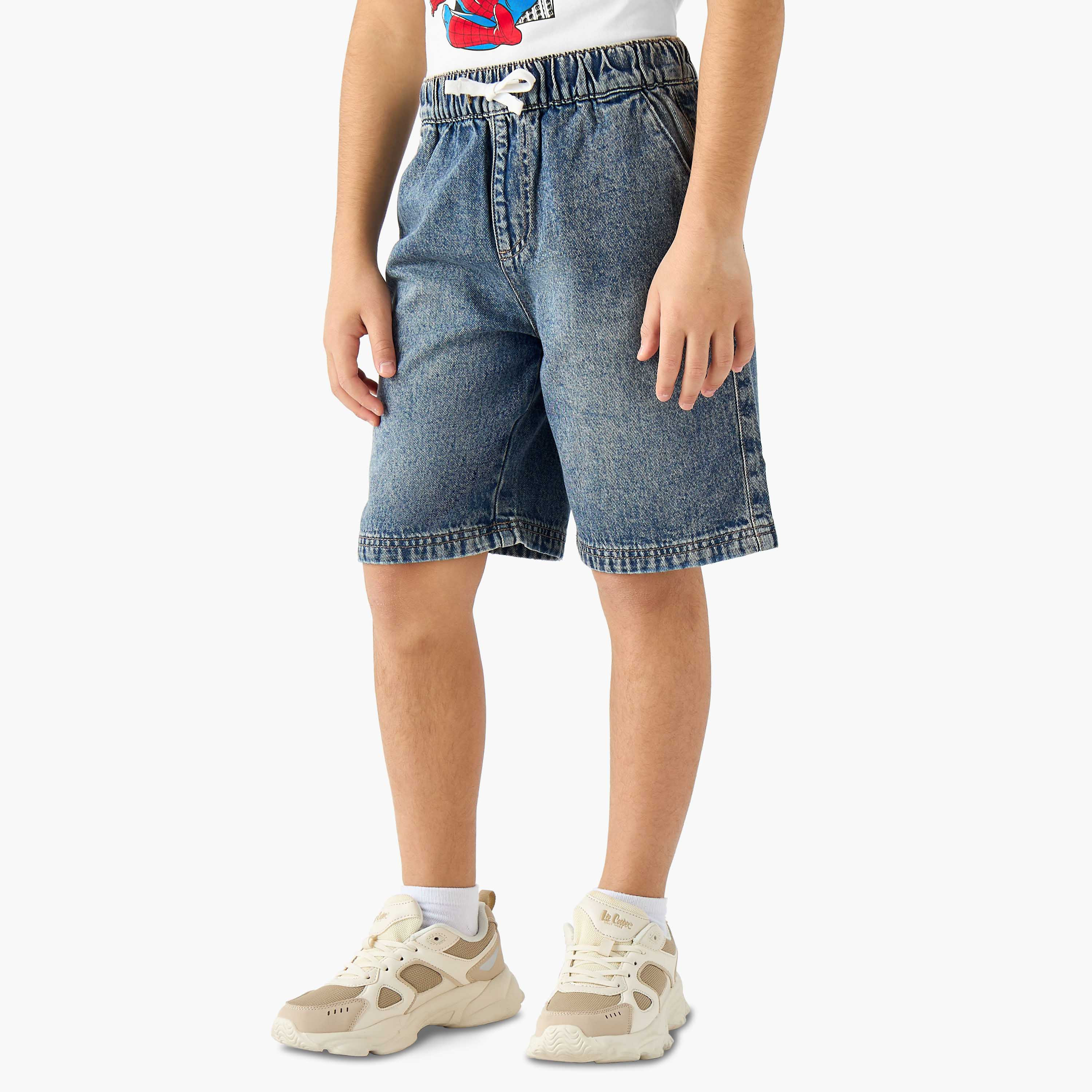 Juniors Elasticated Drawstring Waist Denim Shorts-boys-clothing-bottoms-shorts-image-1