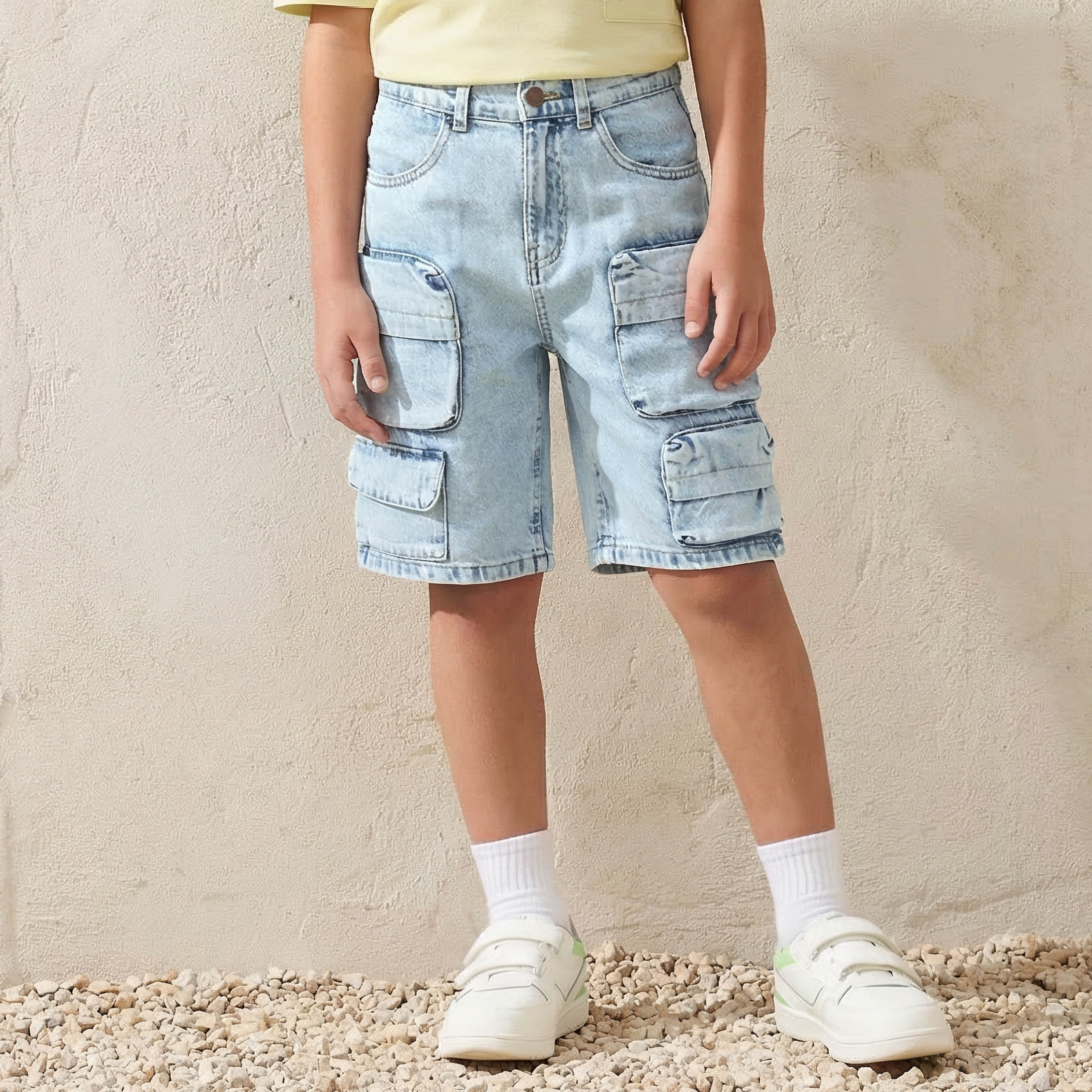 Juniors Button Waist Denim Shorts with Cargo Pockets-boys-clothing-bottoms-shorts-image-1