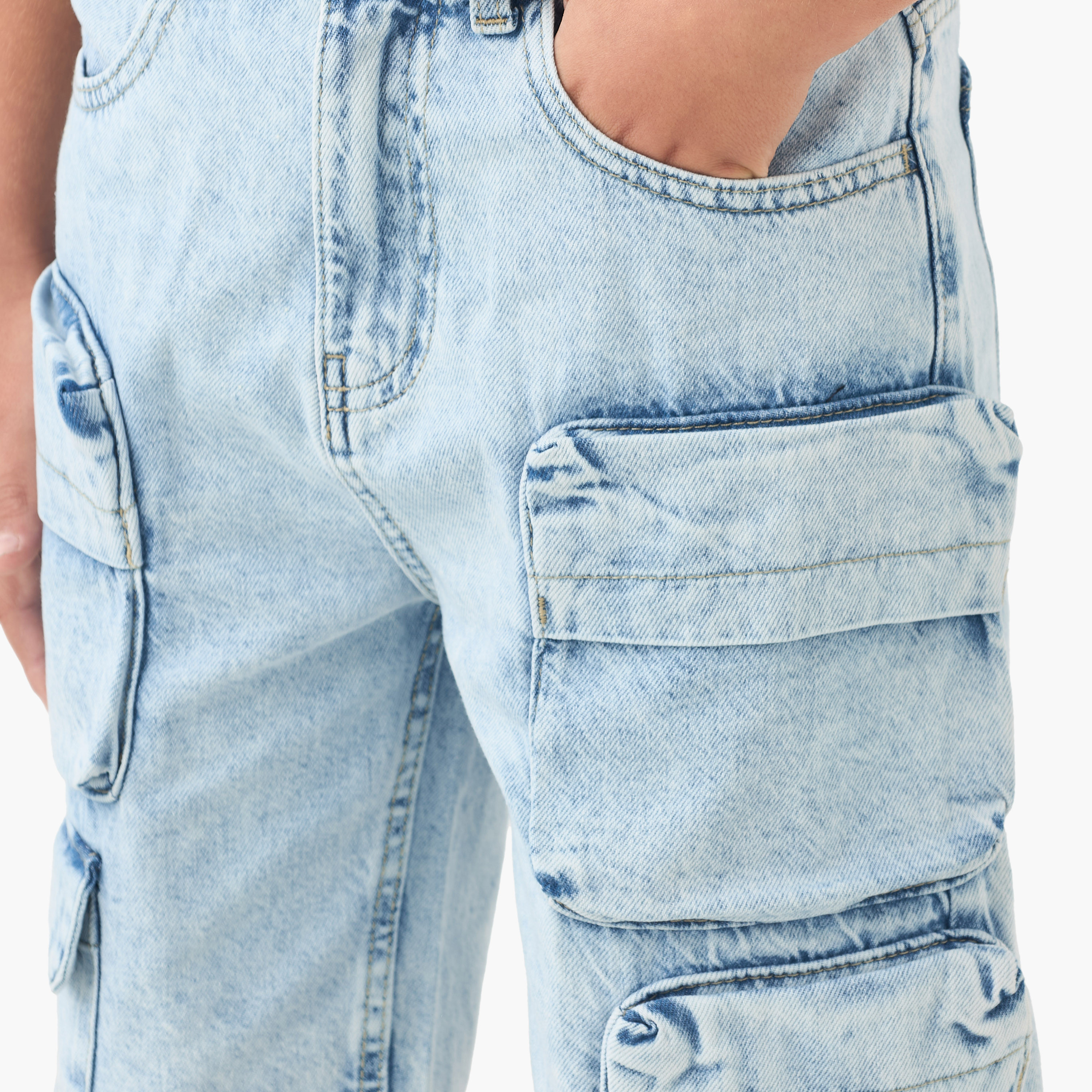 Juniors Button Waist Denim Shorts with Cargo Pockets-boys-clothing-bottoms-shorts-image-4