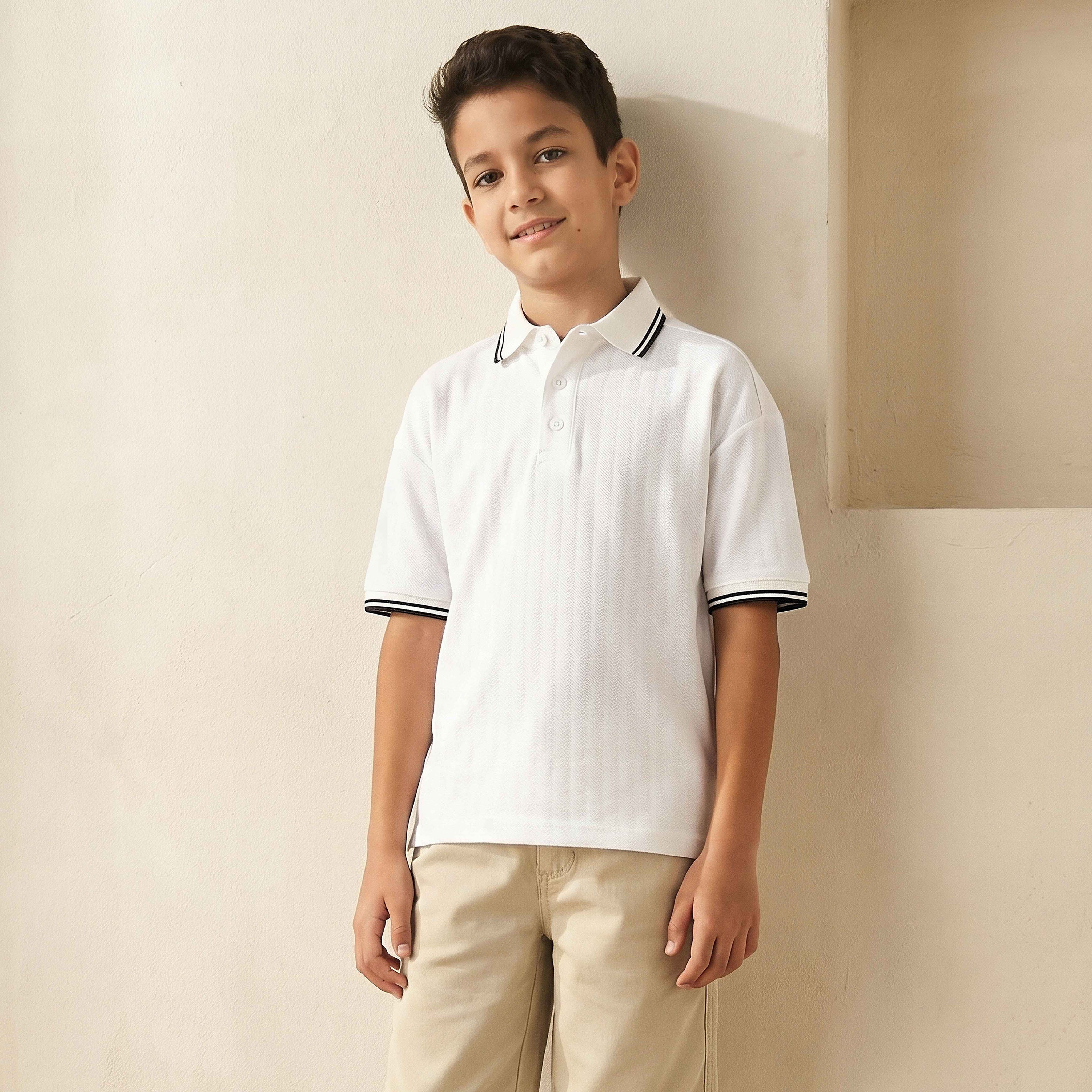 Juniors Collared Short Sleeves Polo T-shirt with Textured Design-boys-clothing-tshirtsandpolos-image-1