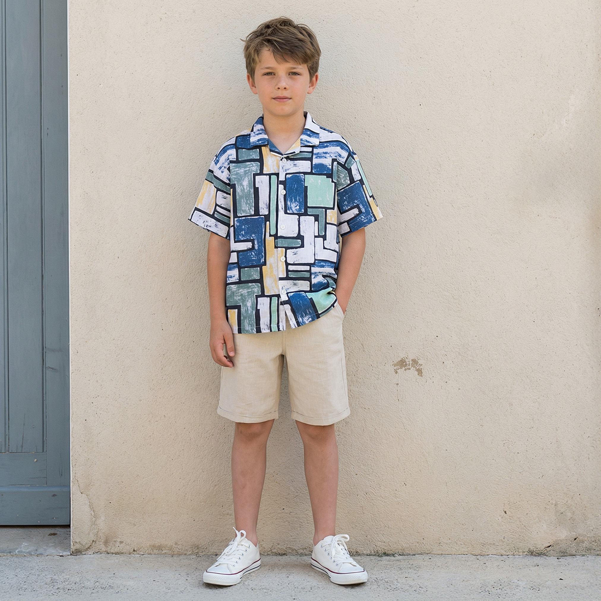Juniors Camp Collar Short Sleeves Shirt and Shorts Set with Abstract Print-boys-clothing-setsandcoords-image-1