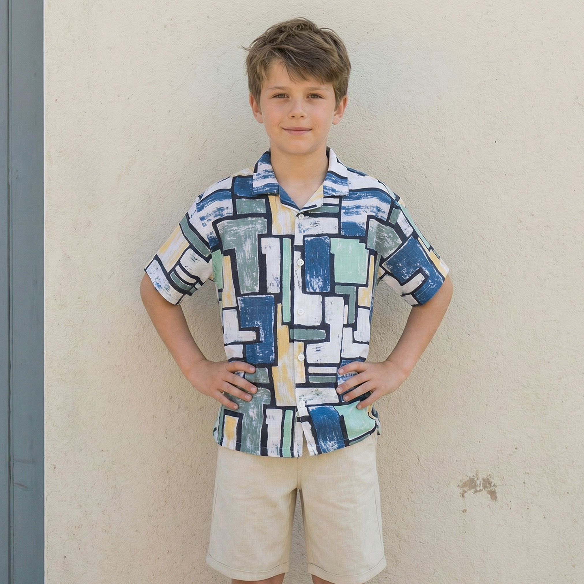 Juniors Camp Collar Short Sleeves Shirt and Shorts Set with Abstract Print-boys-clothing-setsandcoords-image-2