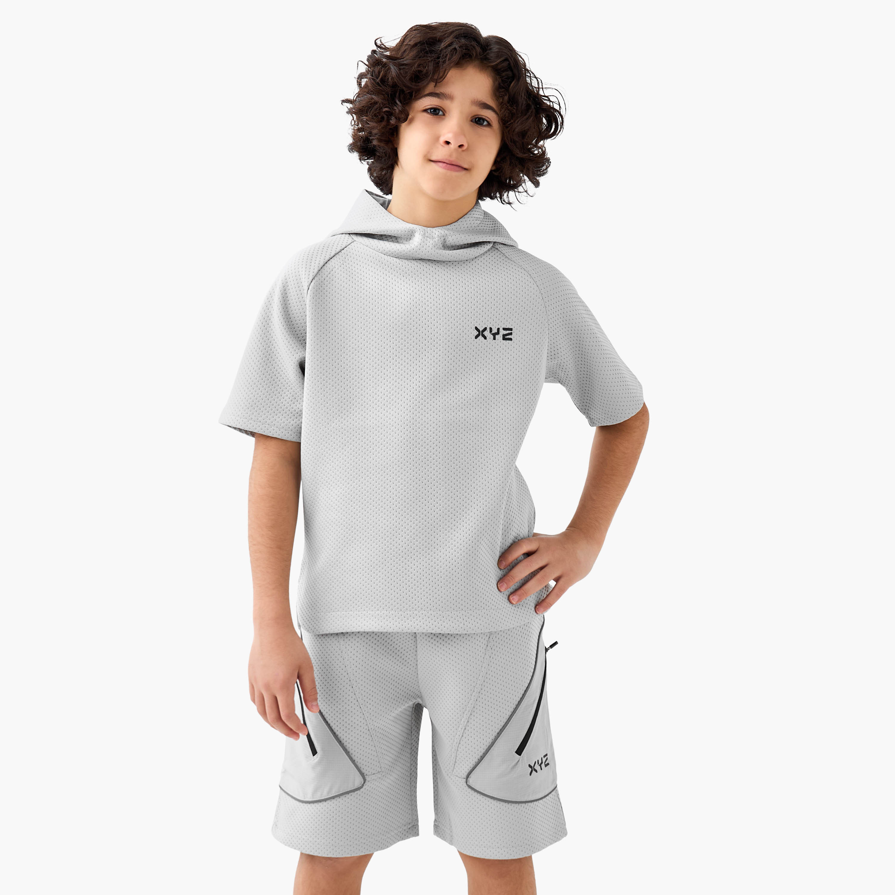 XYZ Hooded Short Sleeves T-shirt and Shorts Set with Logo Print-boys-clothing-sportswear-sets-image-1
