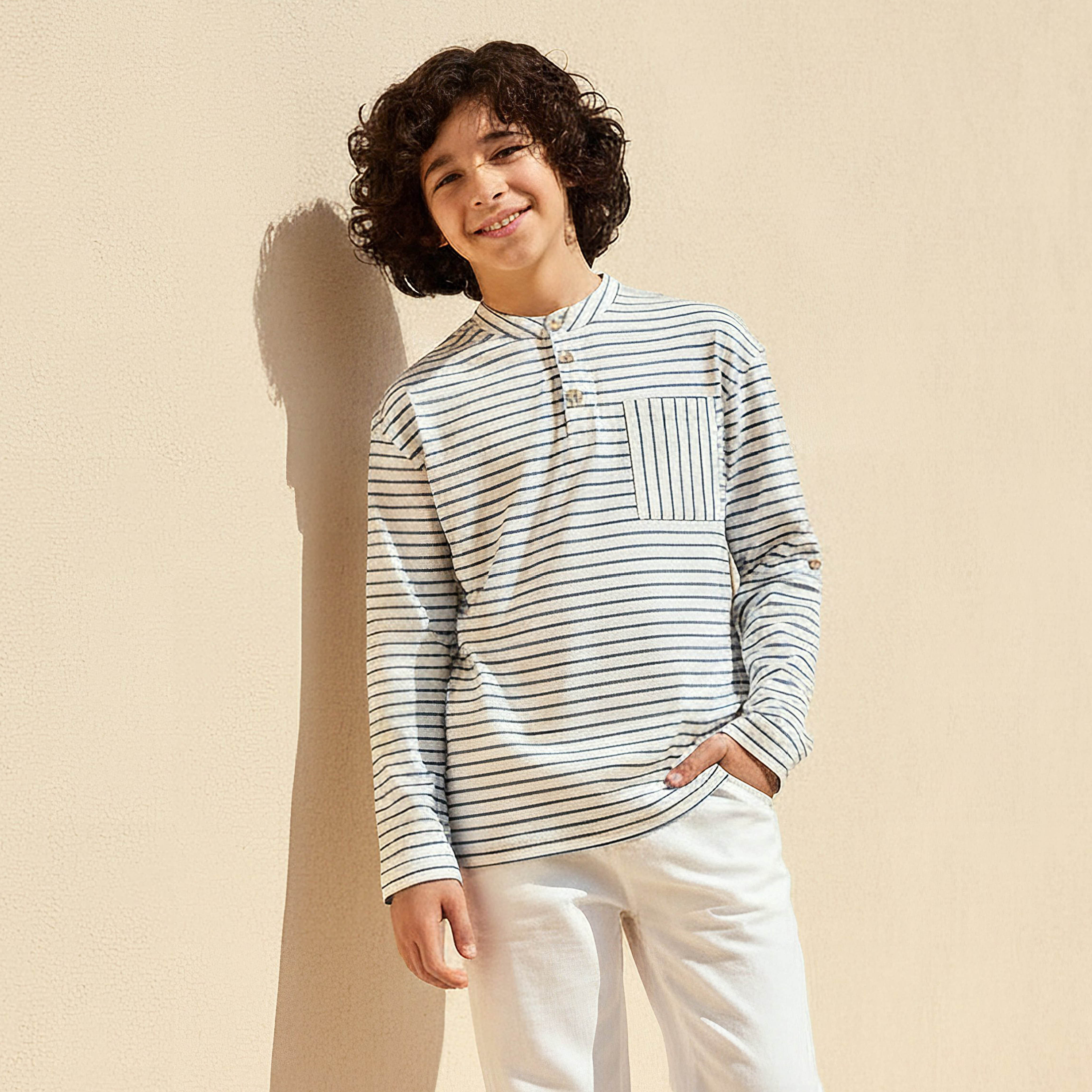 Eligo Mandarin Collar Long Sleeves T-shirt with Stripes-boys-clothing-tshirtsandpolos-image-1