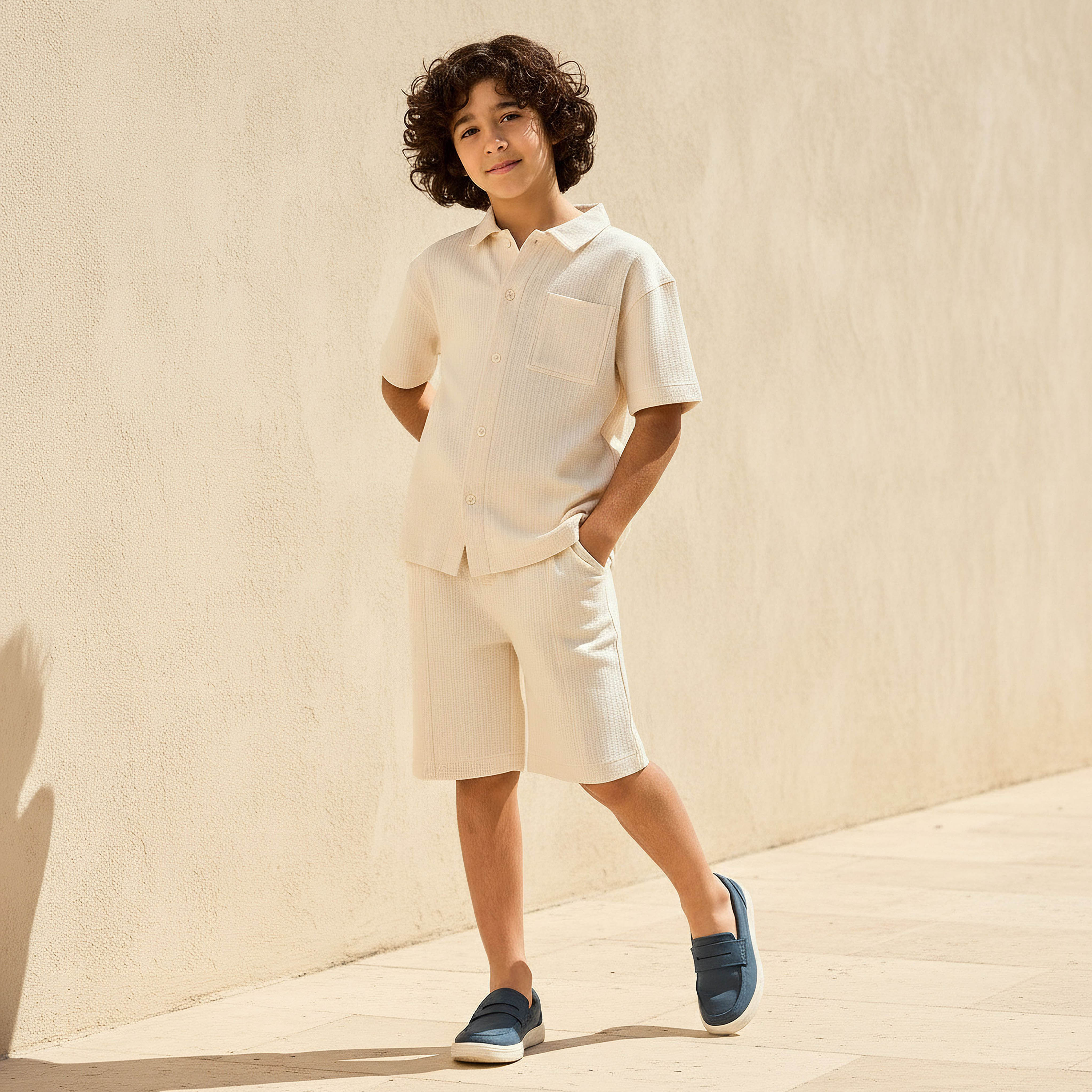 Eligo Collared Short Sleeves Shirt and Shorts Set with Texture Design-boys-clothing-setsandcoords-image-1