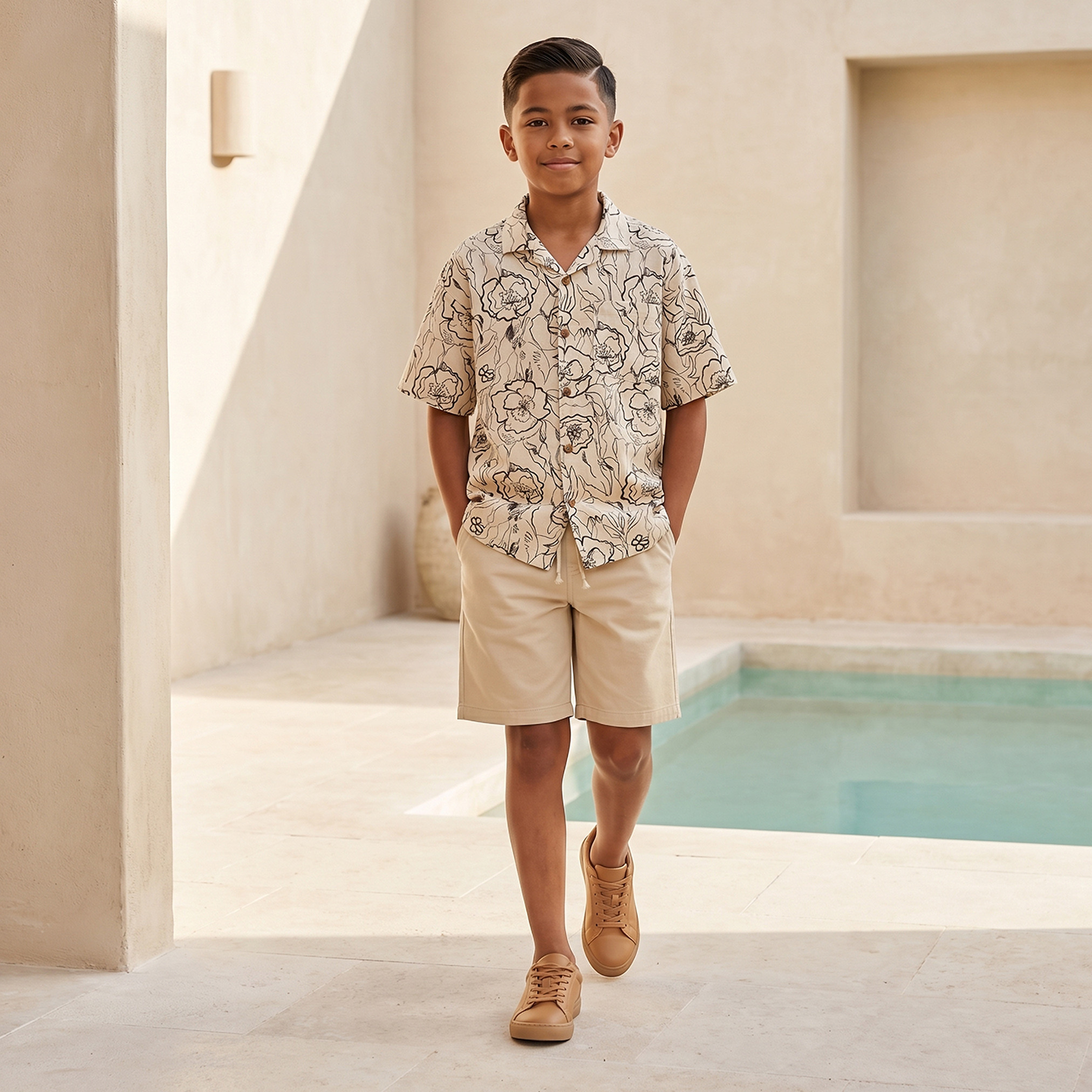 طقم شورت وقميص بياقة كامب وأكمام قصيرة وطبعات زهرية-boys-clothing-setsandcoords-image-1