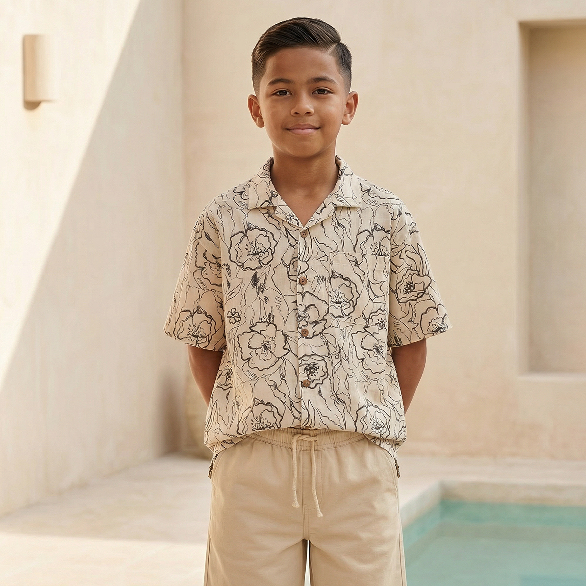 طقم شورت وقميص بياقة كامب وأكمام قصيرة وطبعات زهرية-boys-clothing-setsandcoords-image-2