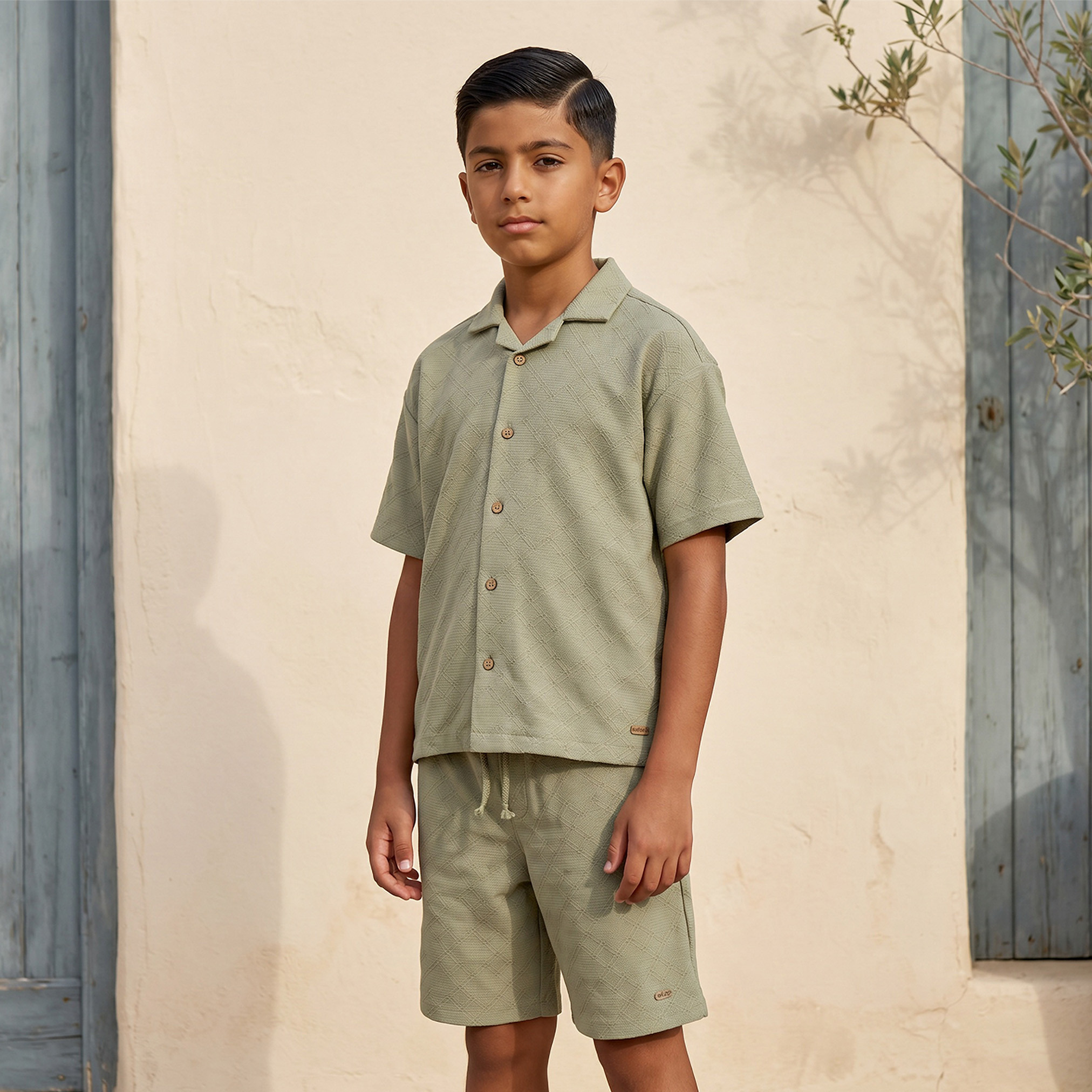 طقم شورت وقميص بارز الملمس بأكمام قصيرة وياقة عادية-boys-clothing-setsandcoords-image-1