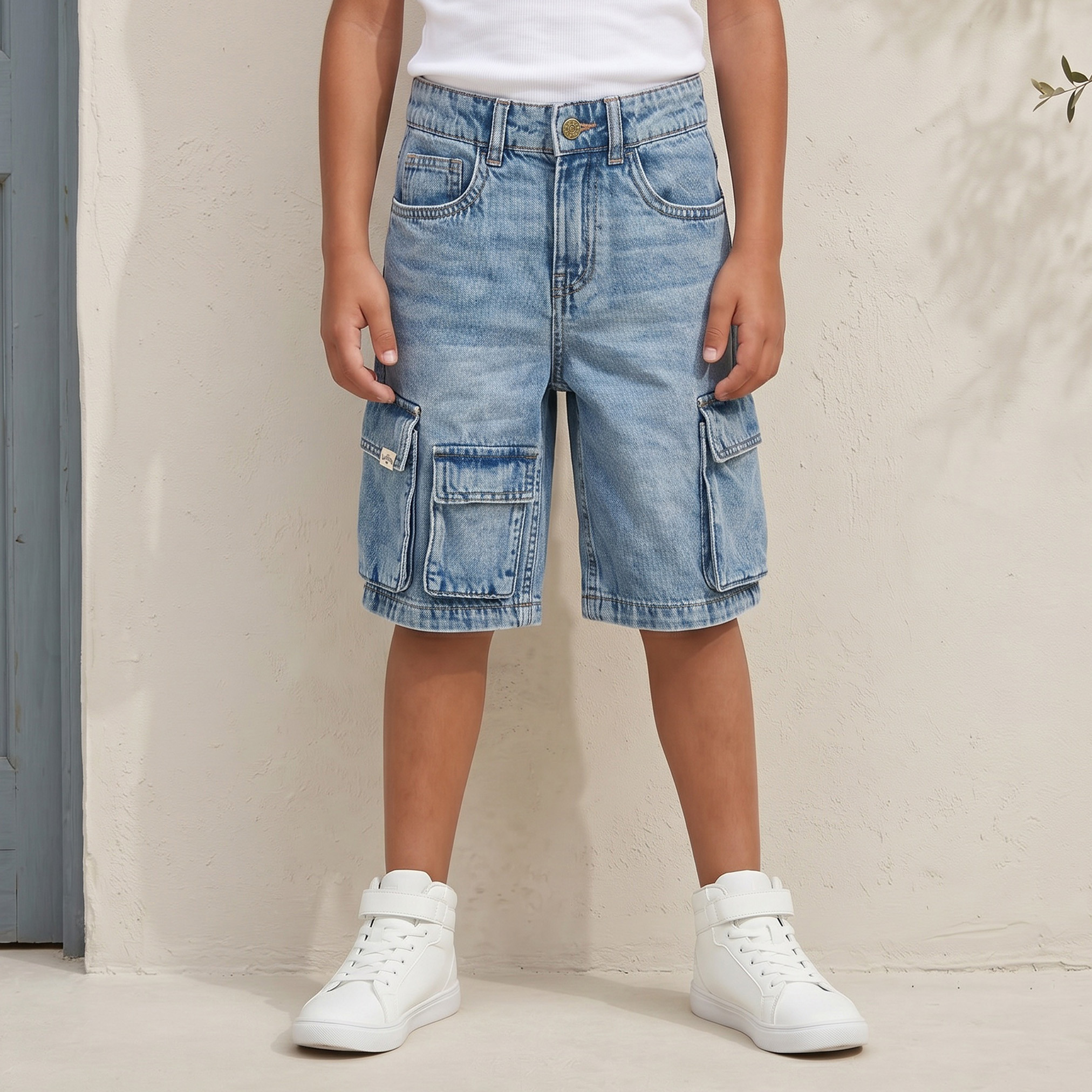Lee Cooper Button Waist Denim Shorts with Cargo Pockets-boys-clothing-bottoms-shorts-image-1