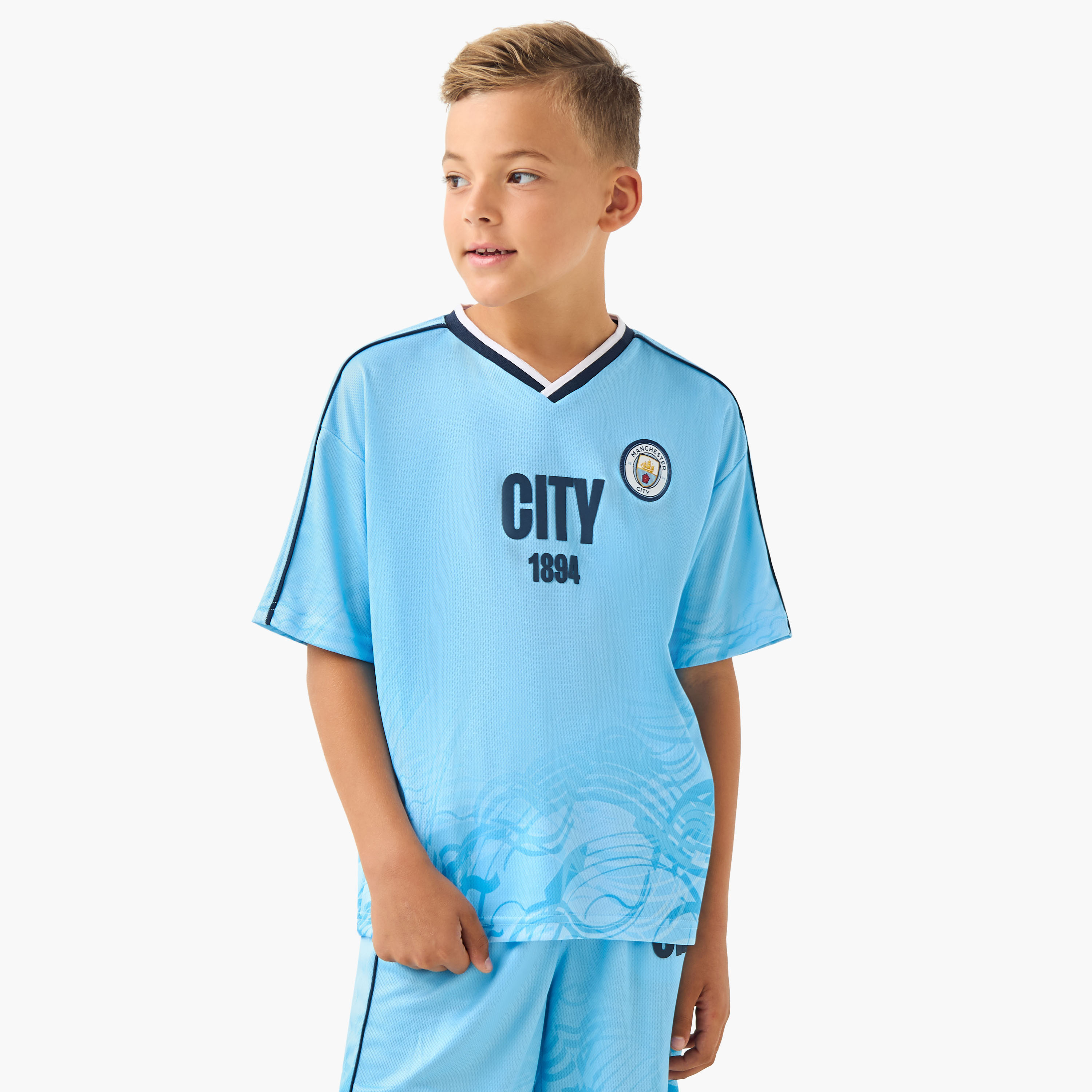 Manchester City V-neck Short Sleeves T-shirt and Shorts Set with Logo Applique-boys-clothing-setsandcoords-image-2