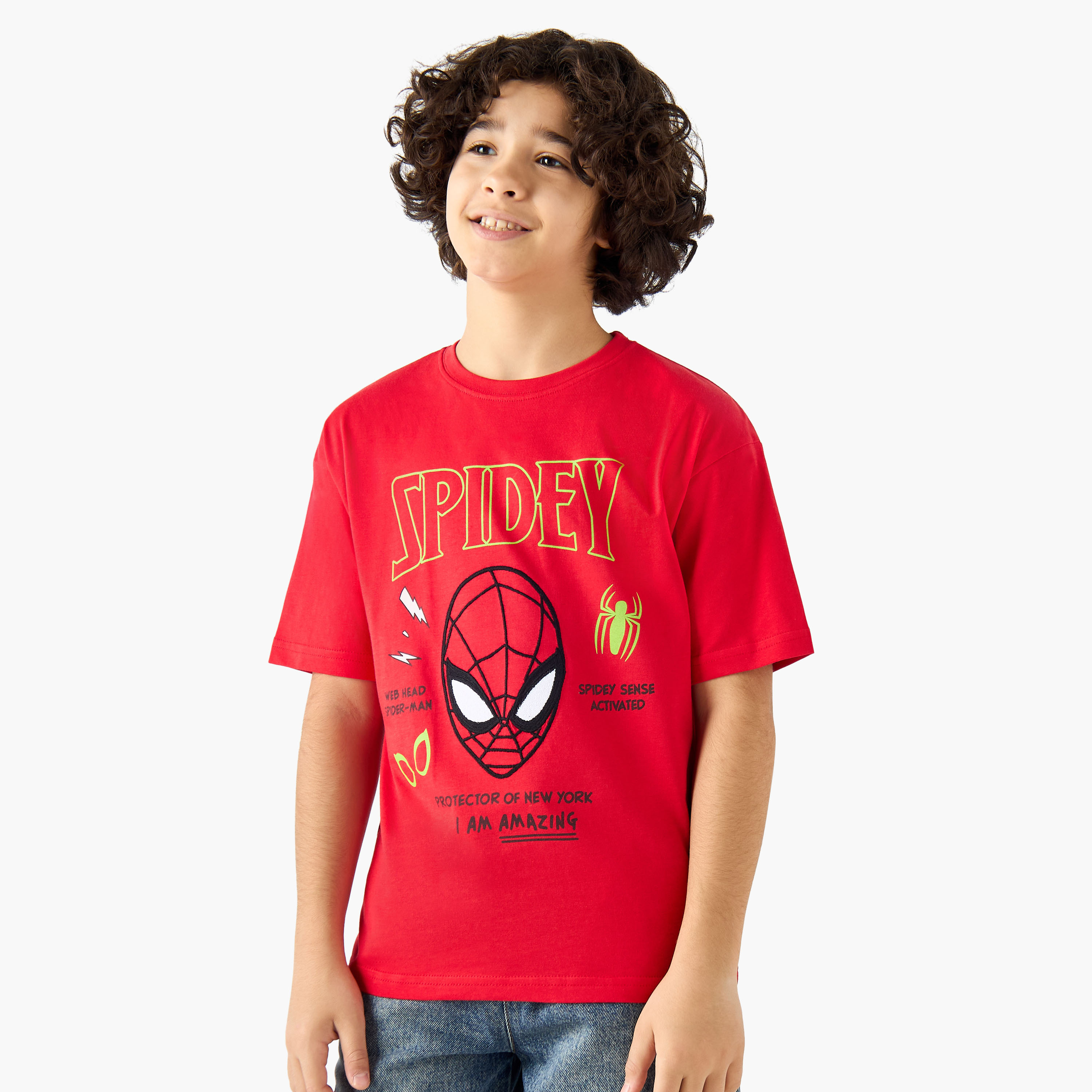 تيشيرت بياقة ضيقة وأكمام قصيرة وطبعات سبايدر مان-boys-clothing-tshirtsandpolos-image-1
