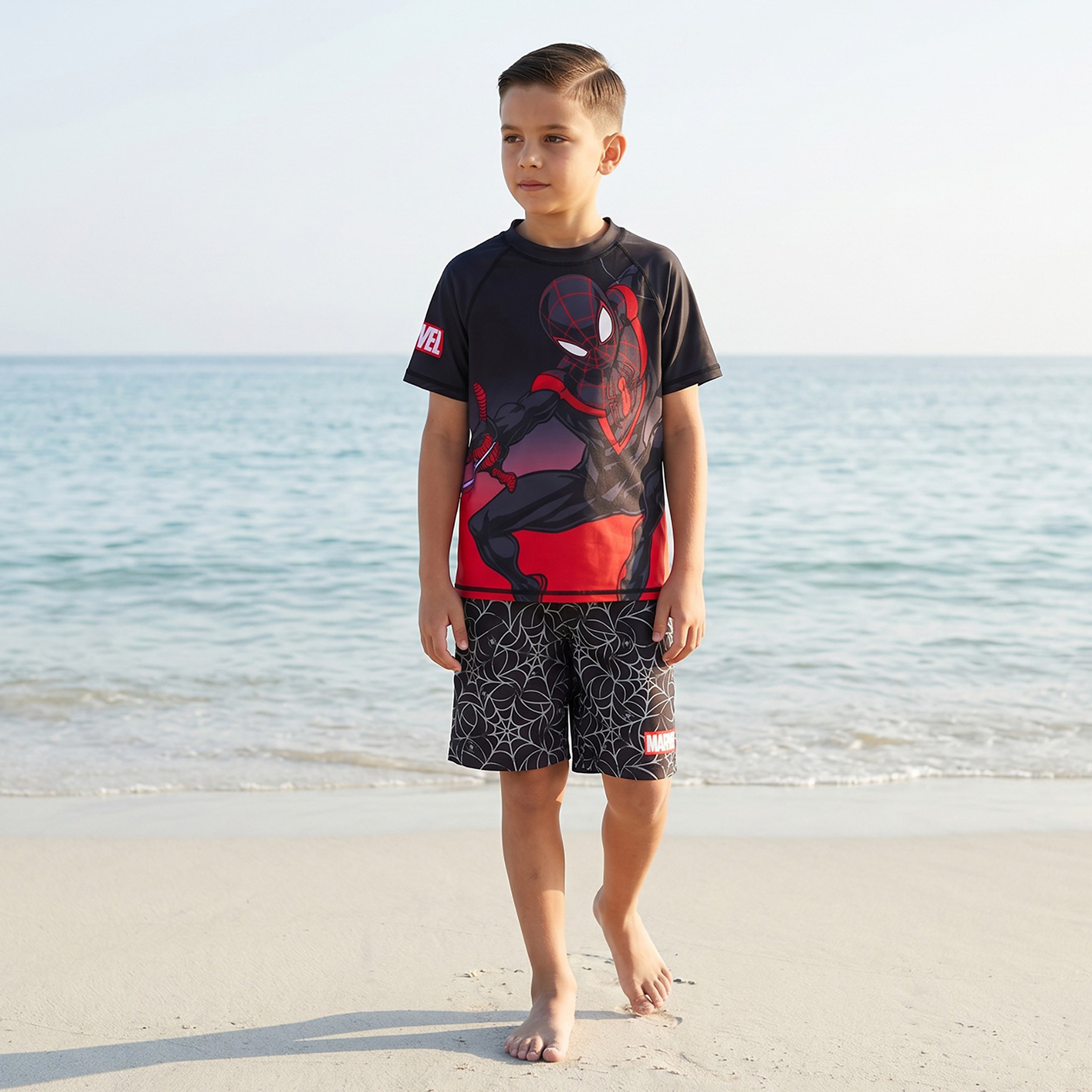 Round Neck Short Sleeve Rash Guard and Swim Shorts Set with Spider-Man Print-boys-clothing-swimwear-image-1