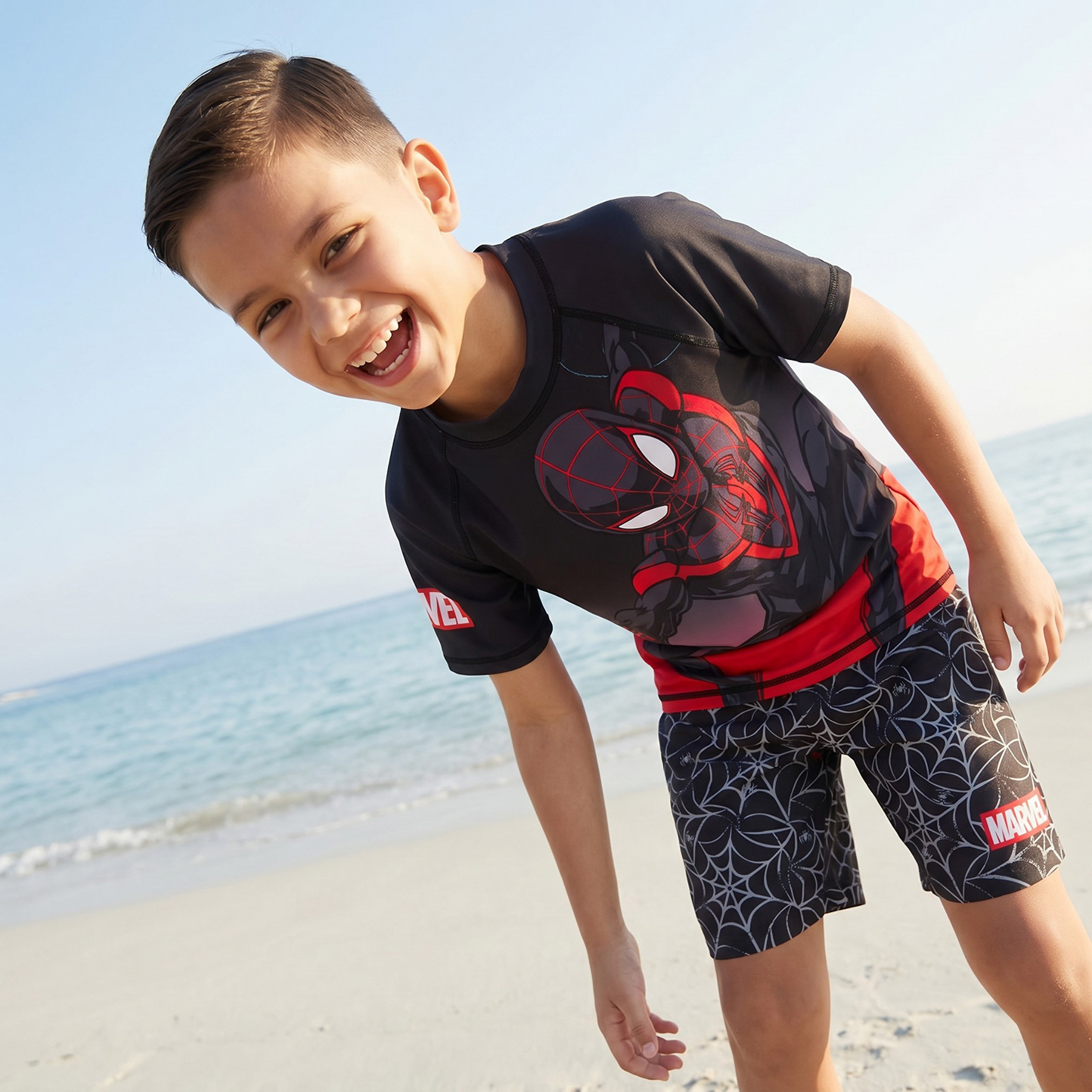 Round Neck Short Sleeve Rash Guard and Swim Shorts Set with Spider-Man Print-boys-clothing-swimwear-image-2