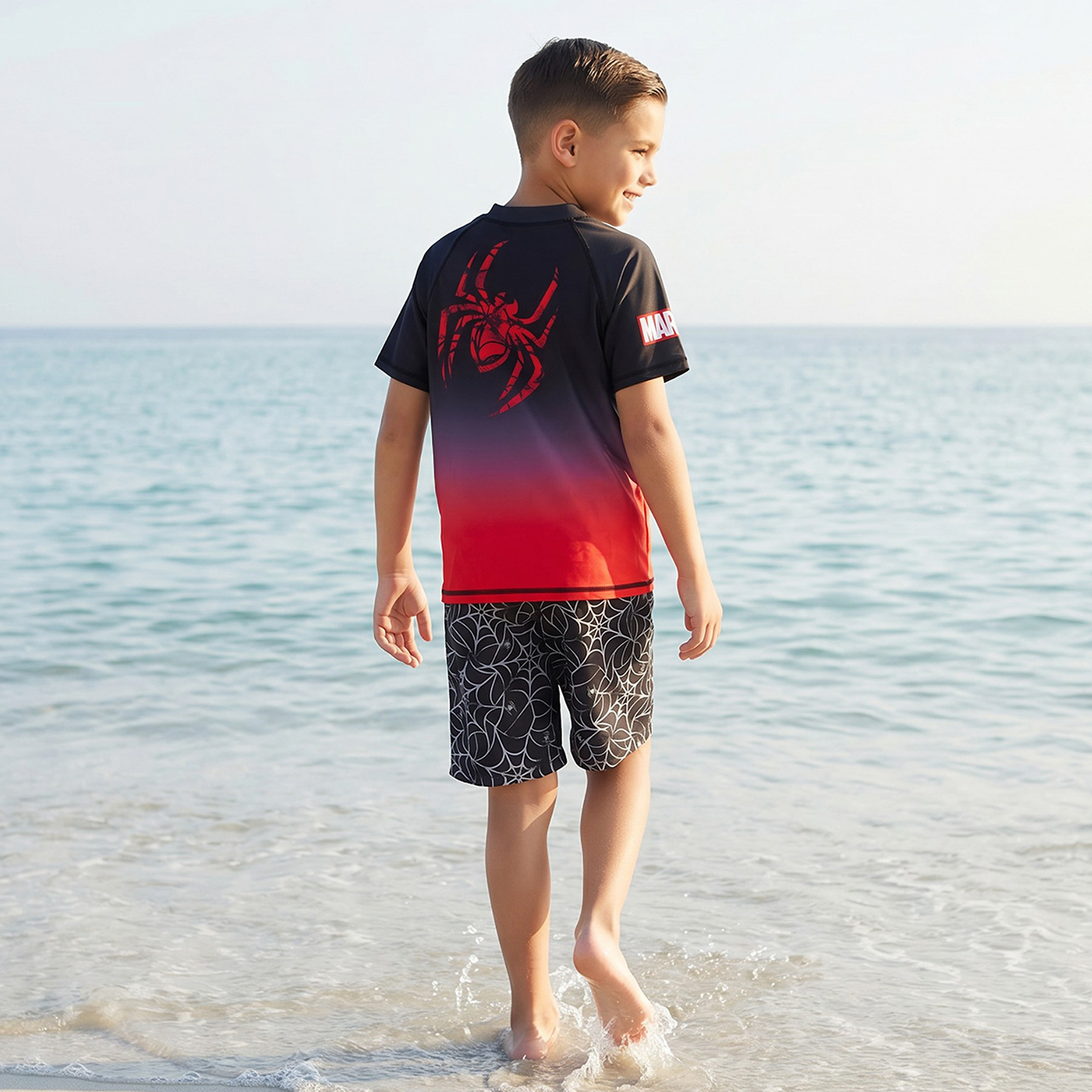 Round Neck Short Sleeve Rash Guard and Swim Shorts Set with Spider-Man Print-boys-clothing-swimwear-image-3