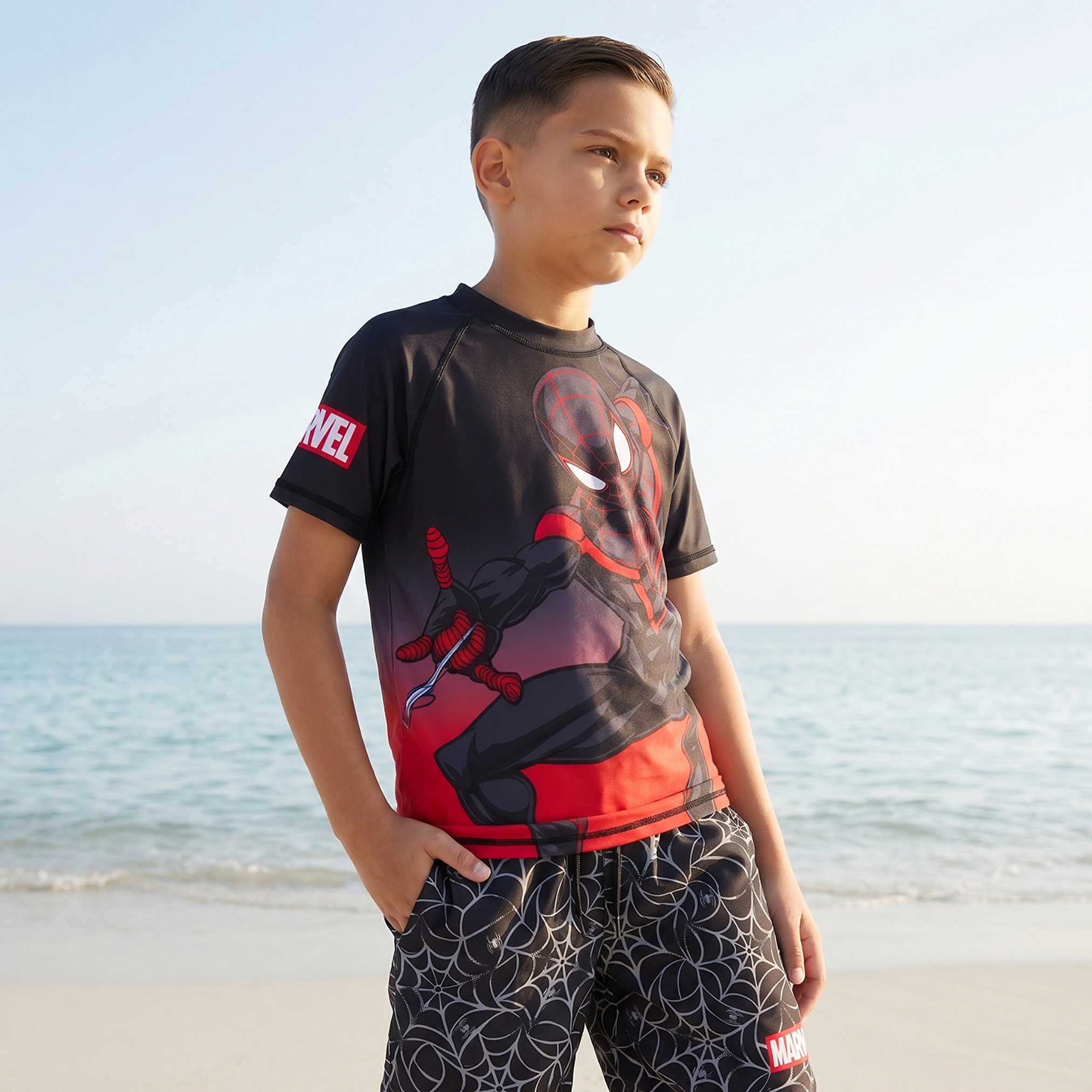 Round Neck Short Sleeve Rash Guard and Swim Shorts Set with Spider-Man Print-boys-clothing-swimwear-image-7