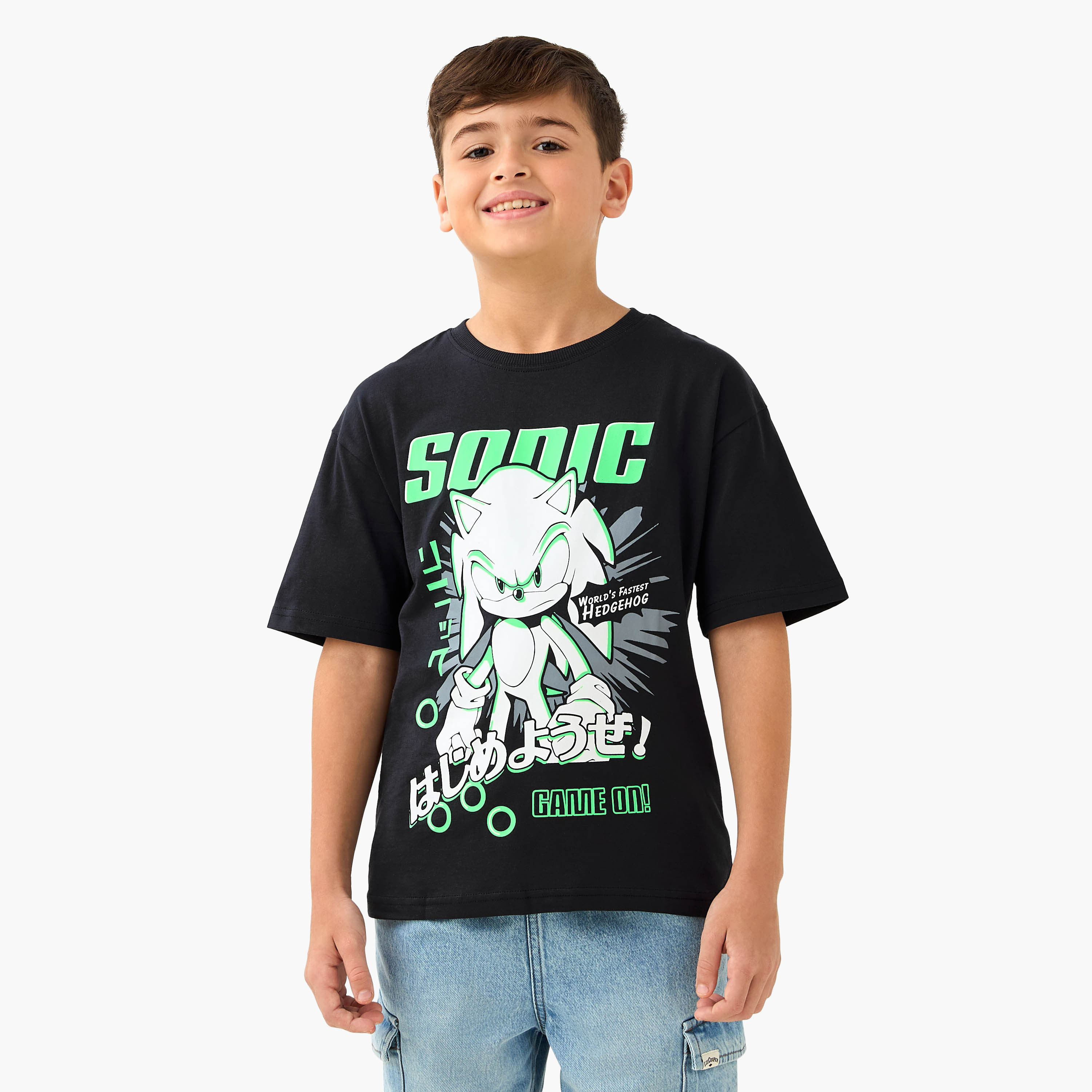 Crew Neck Short Sleeve T-shirt with Sonic Print-boys-clothing-tshirtsandpolos-image-1