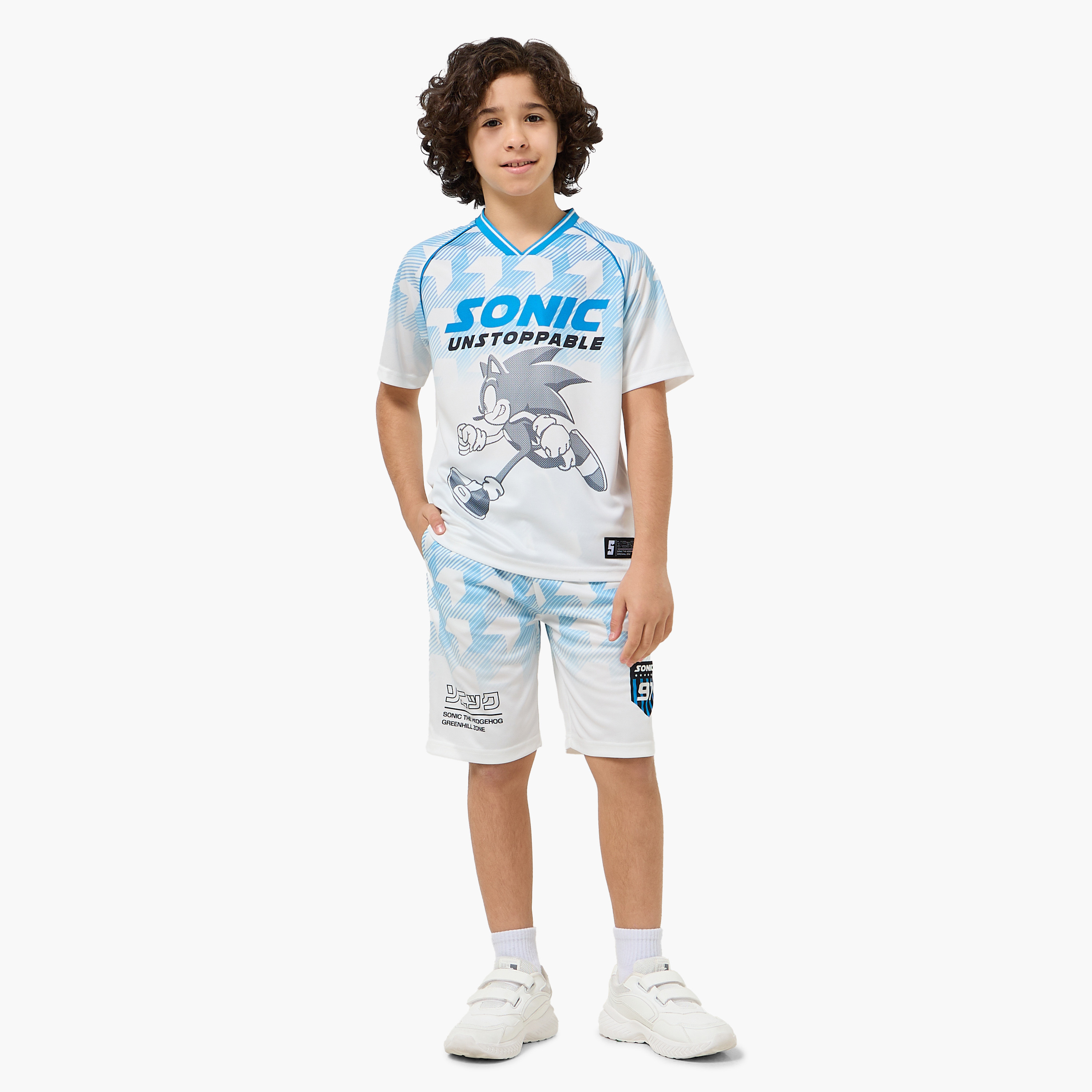 V-neck Short Sleeves T-shirt and Shorts Set with Sonic Print-boys-clothing-setsandcoords-image-1