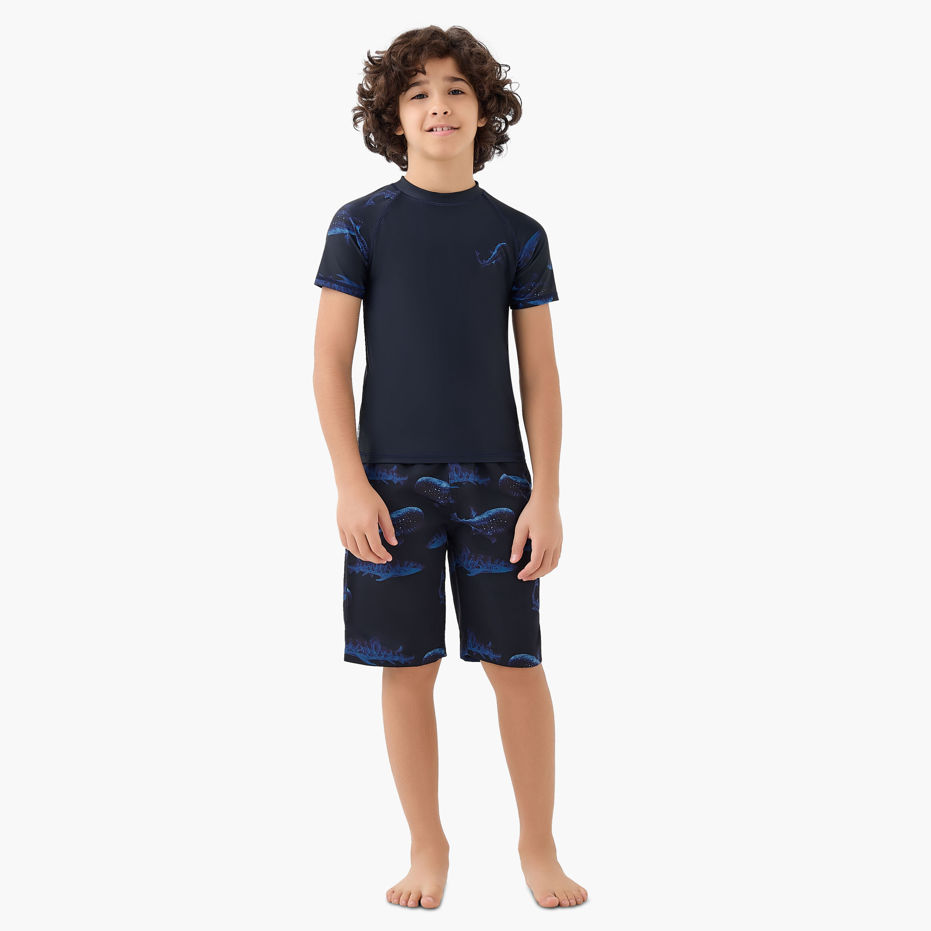 Juniors Round Neck Short Sleeves Rash Guard Set with Shark Print-sports-boys-clothing-swimwear-image-1