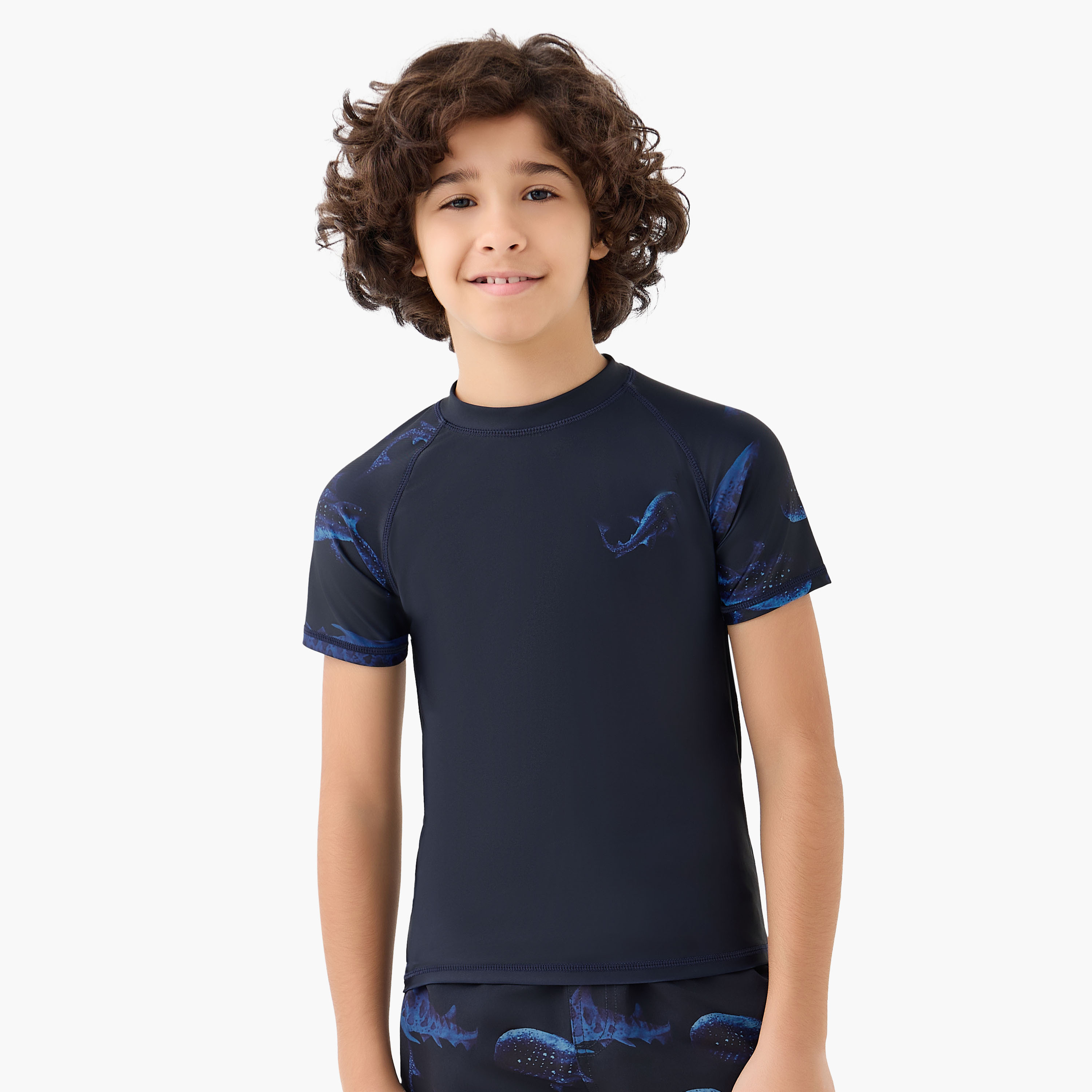 Juniors Round Neck Short Sleeves Rash Guard Set with Shark Print-sports-boys-clothing-swimwear-image-2